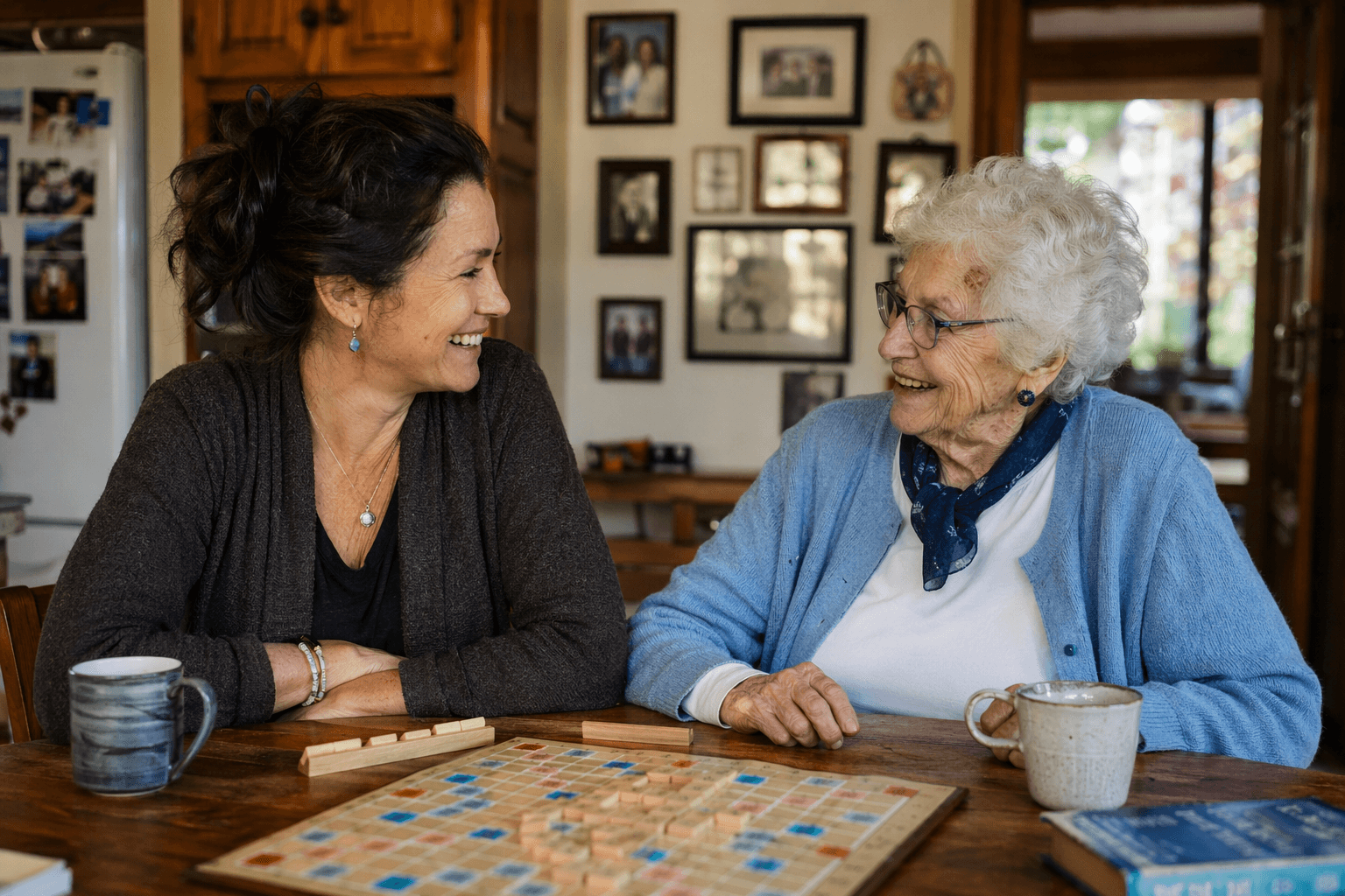 A live-in companion and an elderly woman sit at a sunlit kitchen table playing a board game with coffee mugs nearby, with warm wood tones and family photos visible in the background of a lived-in home