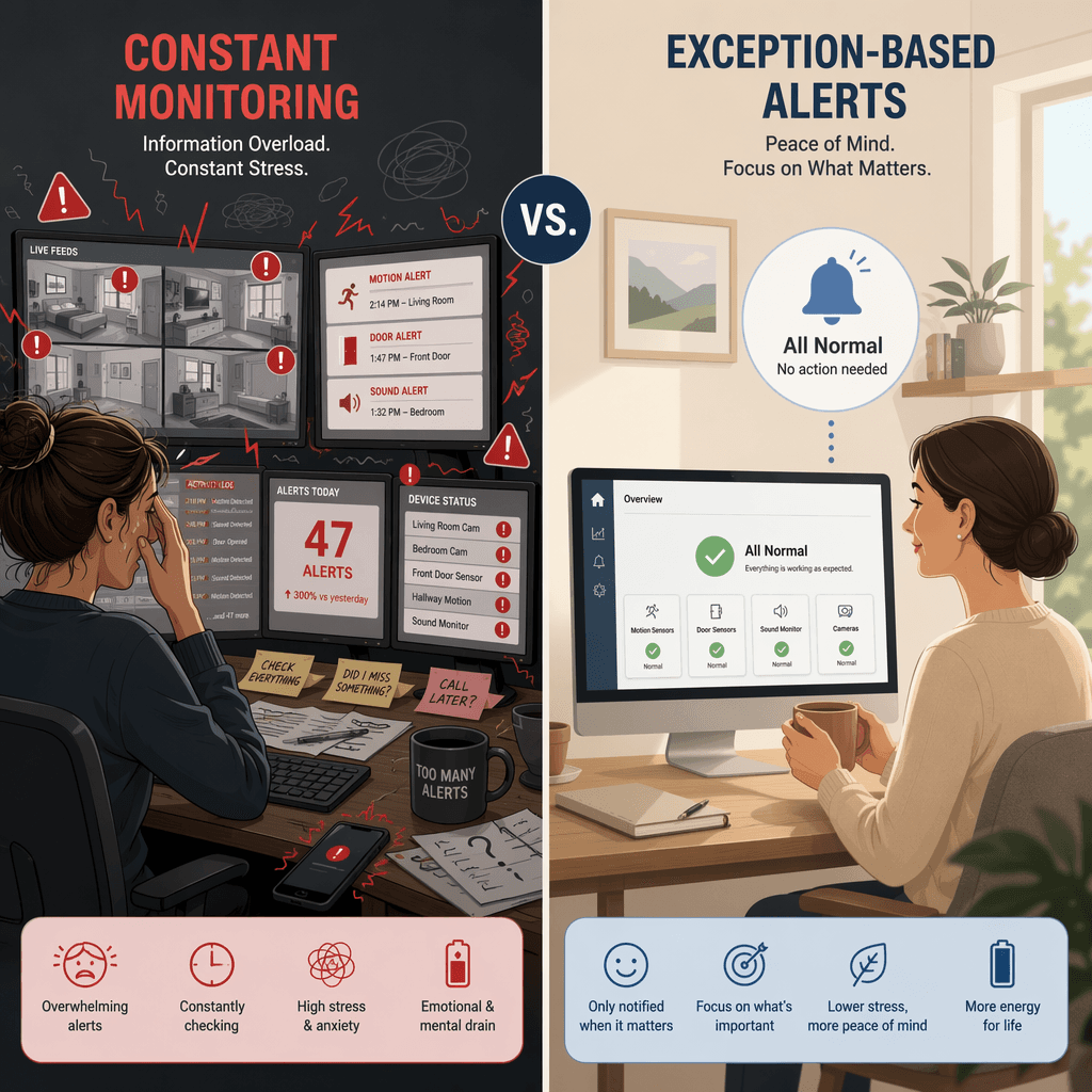 Side-by-side comparison: left side shows an overwhelmed person staring at multiple camera feeds with chaotic red alert symbols; right side shows a calm person receiving a single clean notification with a simple green dashboard.