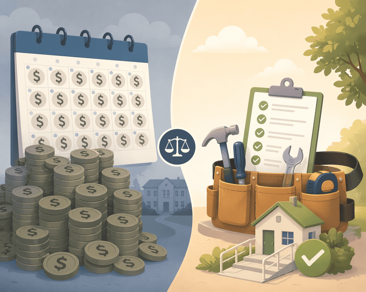 Side-by-side financial comparison illustration: left side shows stacked dollar signs on a monthly calendar representing recurring assisted living costs; right side shows a toolbelt with checklist and small home icon representing one-time CAPS assessment and modifications.