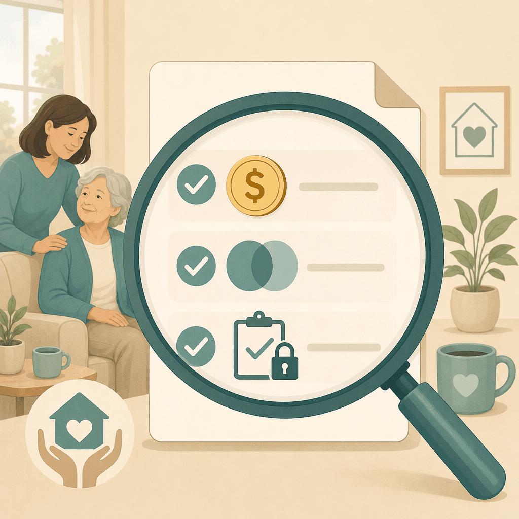 A magnifying glass hovering over a document icon with three checkmark areas representing dollar benefit limits, in-network provider restrictions, and prior authorization requirements.