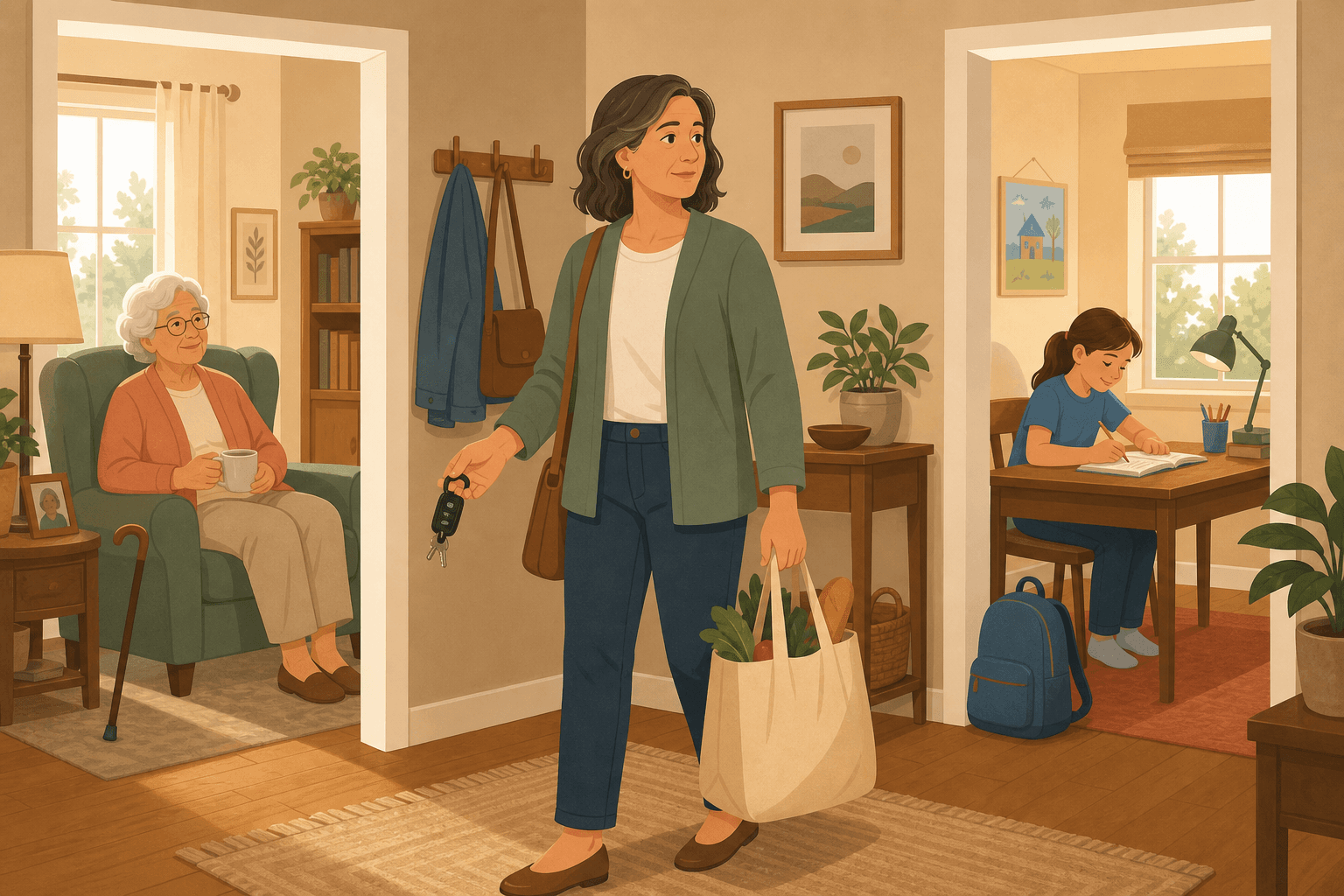 A middle-aged adult at the center of a home entryway holding car keys and a shopping bag, looking toward an older adult in an armchair with a cane on one side and a young child doing homework at a desk on the other side.