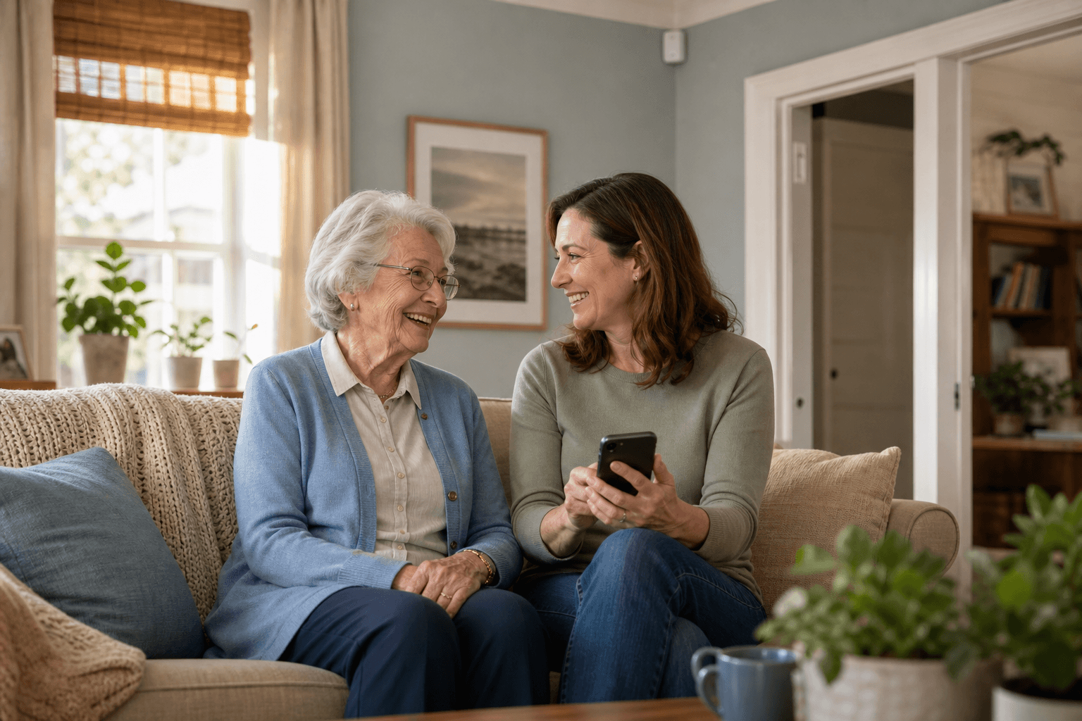 A warm contemporary living room with soft natural light, showing an elderly woman with silver hair smiling on a couch beside an adult child holding a smartphone. Small discreet sensors are subtly visible on a wall corner and door frame.