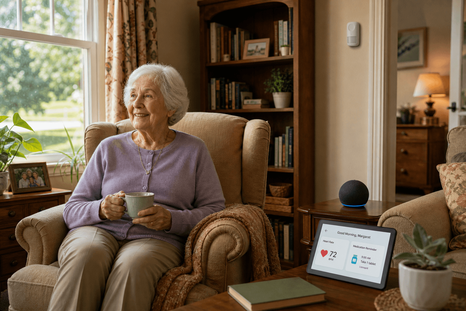 An older adult seated in a warm living room with a PIR motion sensor on the wall, a smart speaker, and a health dashboard on a tablet.