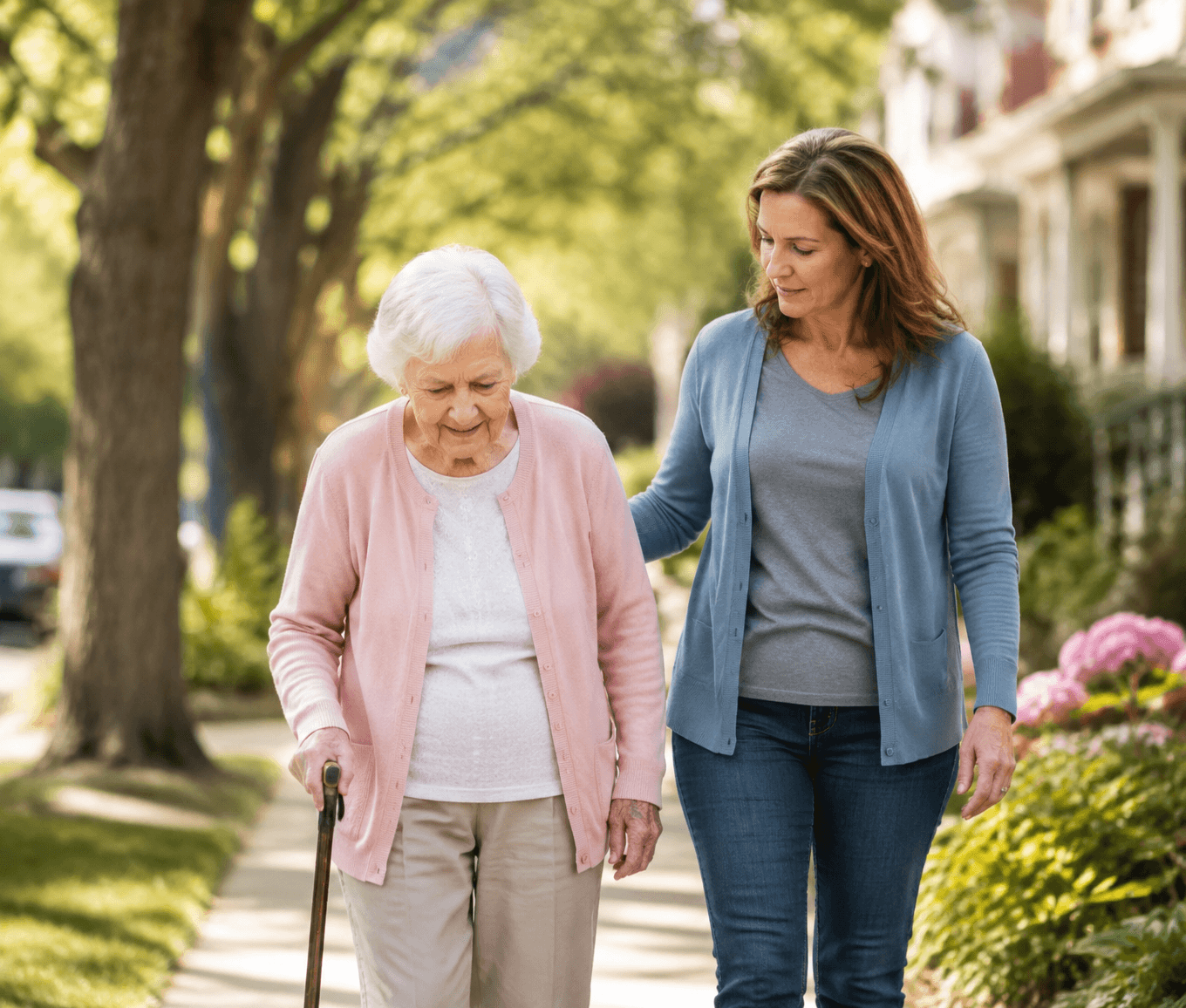 An adult daughter walks calmly beside her older mother on a sunny residential sidewalk