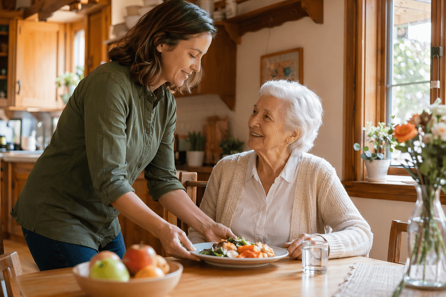 A home care aide in a soft blue sweater gently places a plate of food on a kitchen table where a smiling older woman with silver hair sits comfortably. Warm natural daylight fills the cozy kitchen with wood cabinets and a small potted plant. The scene conveys calm partnership and dignity.