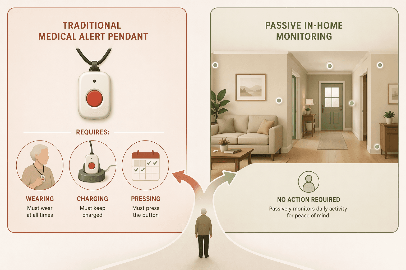 A split decision framework comparing pendant-based monitoring with passive home sensor monitoring