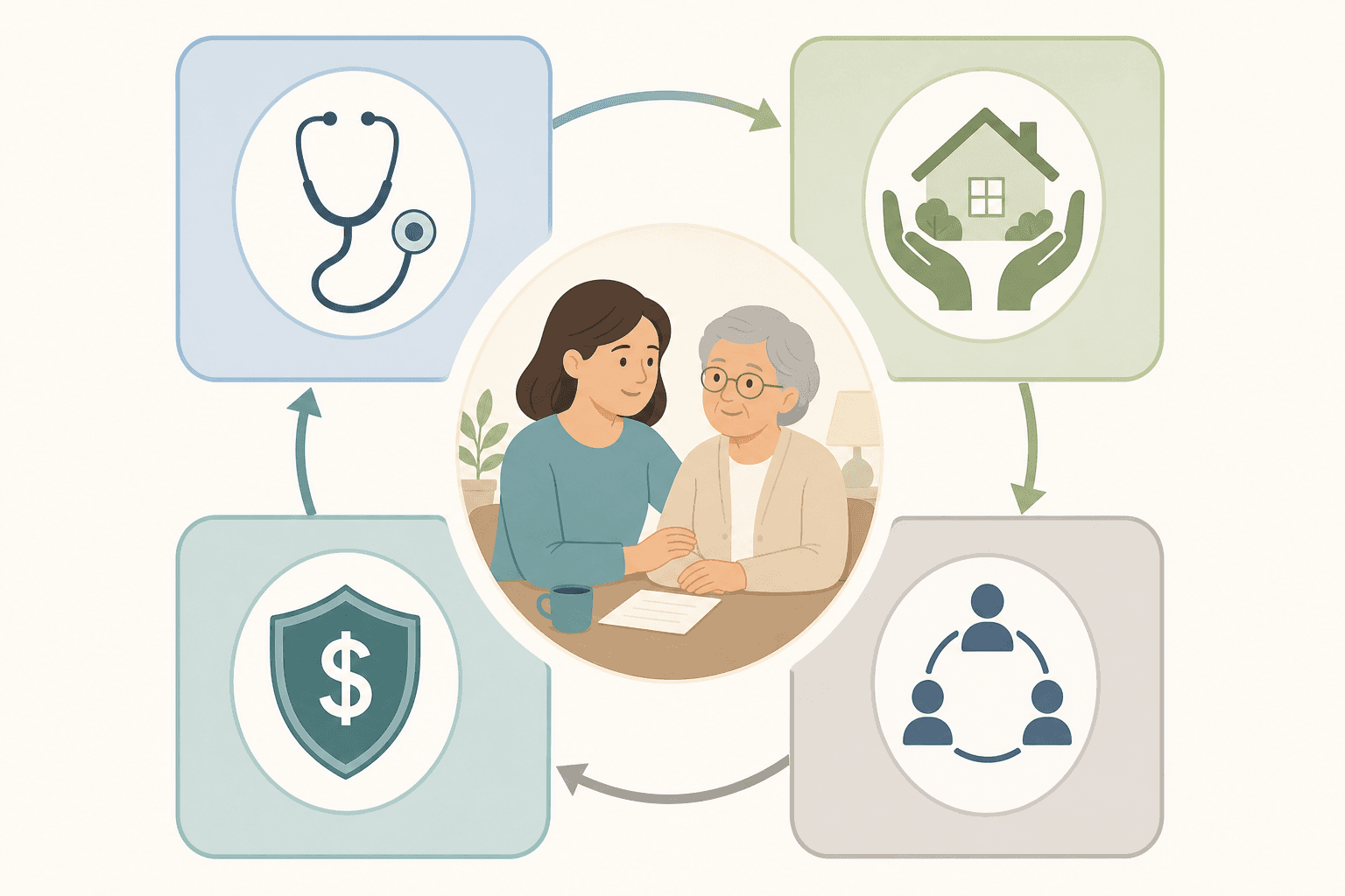 A flat vector illustration with four interconnected panels arranged in a circular layout, each containing an icon and label: Clinical Needs (stethoscope), Daily Living Support (home with hands), Insurance & Funding (shield), and Coordination (connected nodes). A small adult child and older parent figure sit at the center.