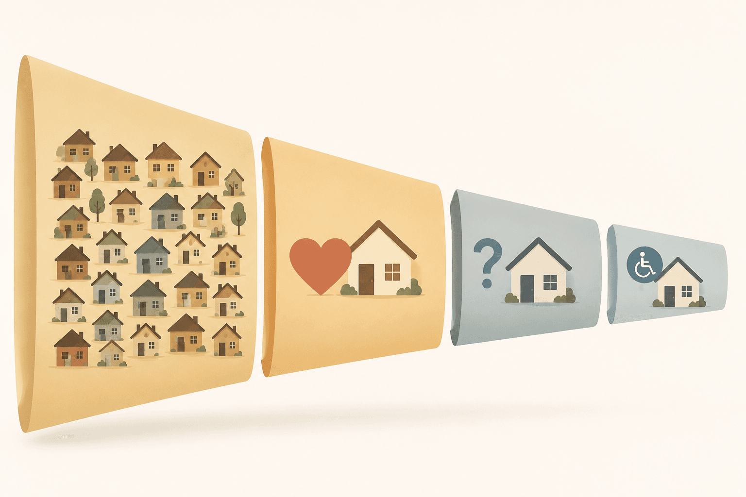 Editorial funnel graphic showing the narrowing gap from older adults living at home to homes meeting basic accessibility criteria