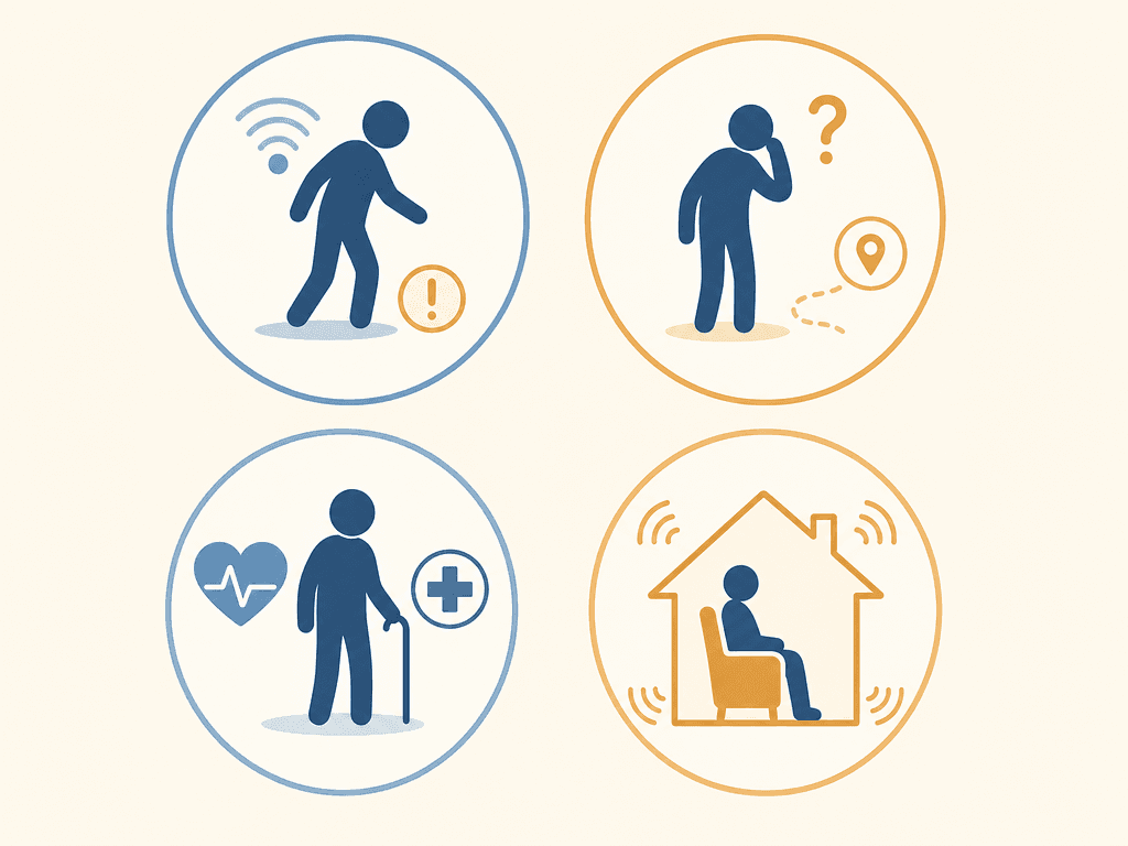 A 2x2 grid of four flat-vector icons representing the four risk profiles: fall risk, cognitive decline, chronic conditions, and living alone.