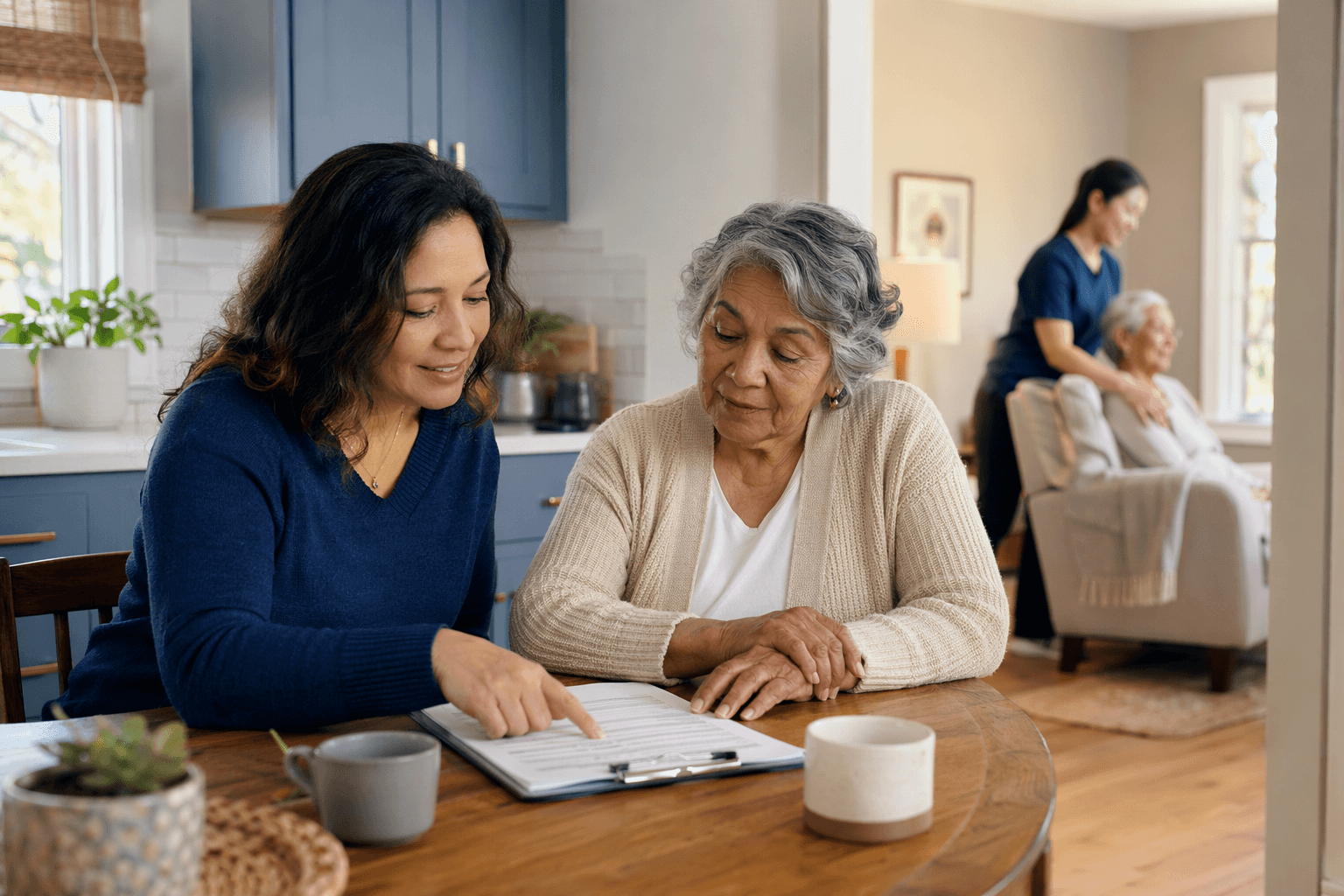 An adult daughter and her elderly mother reviewing a clipboard at a kitchen table, with a caregiver visible through the doorway assisting an older adult in the living room.