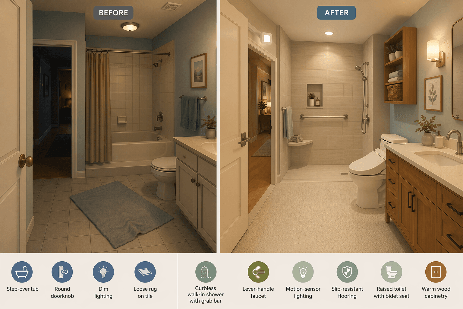 Split-comparison illustration of a bathroom: left side traditional with step-over tub, round doorknob, dim light, loose rug; right side after modifications with curbless shower, grab bar, lever handle, bright warm light, slip-resistant floor, raised toilet, and wood cabinetry. No people visible.