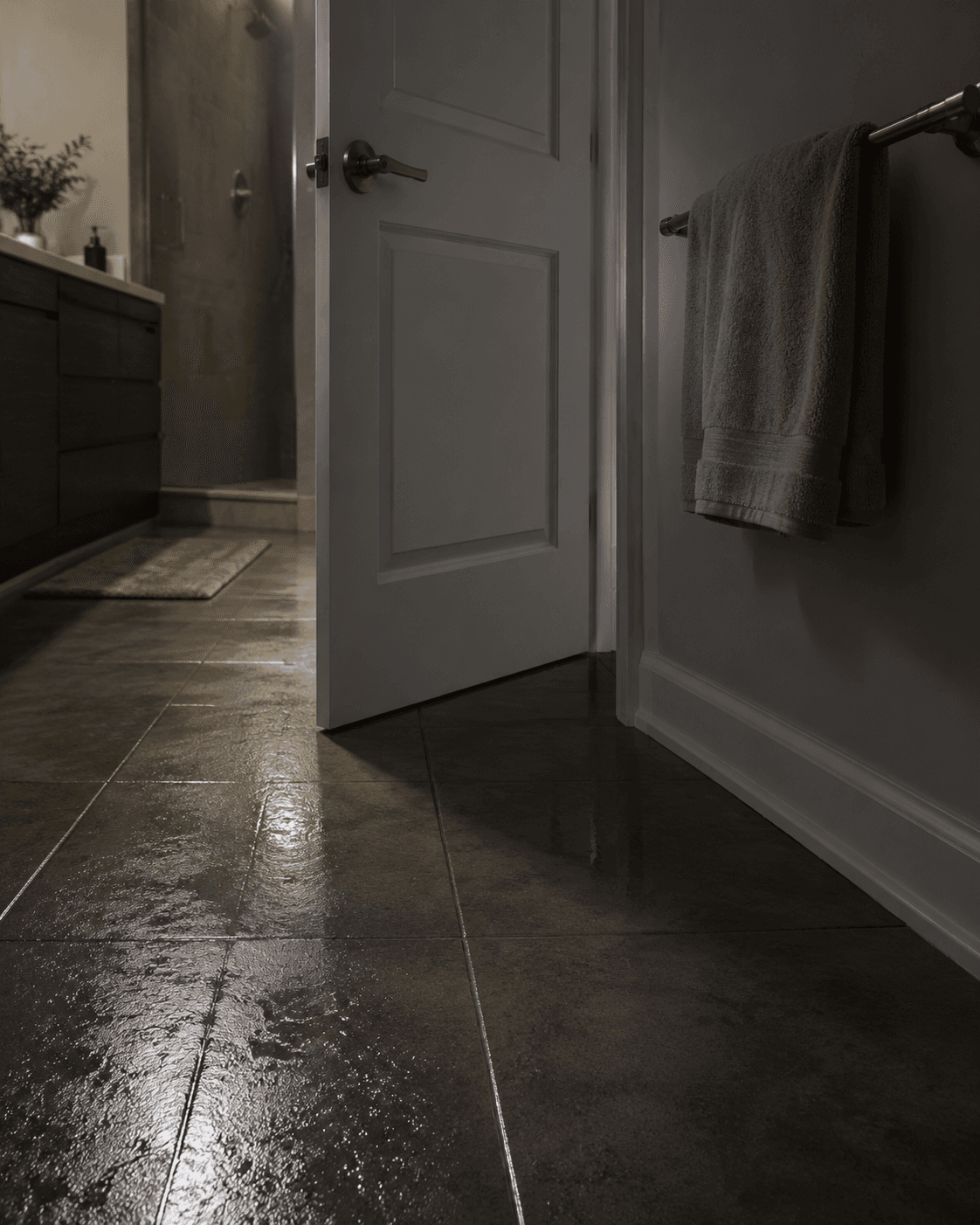 Modern bathroom with glossy wet-looking tile, towel bar, inward-swinging door, and dim lighting