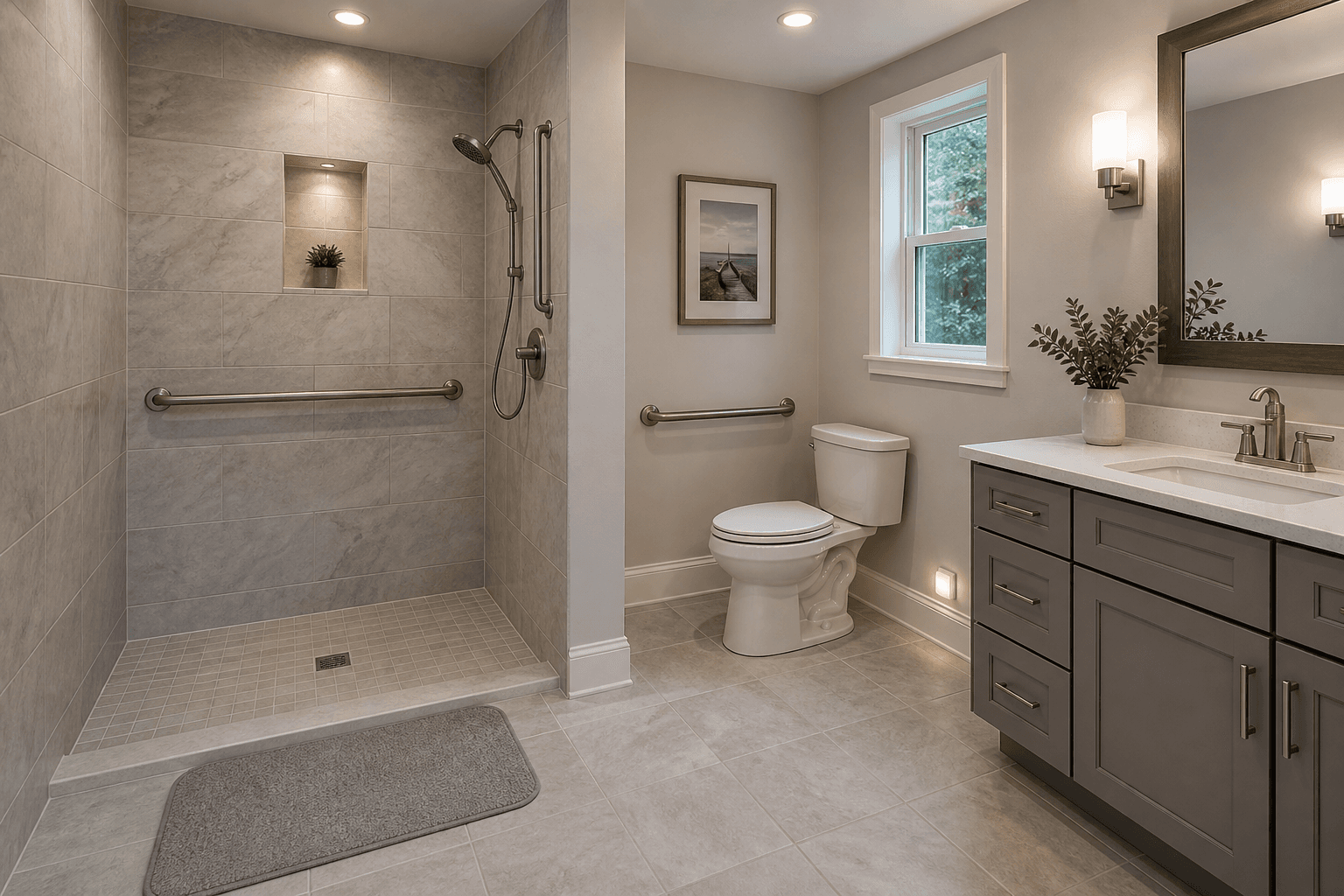 A modern, well-lit bathroom with chrome grab bars beside the toilet and in the shower, a non-slip bath mat on the tile floor, and a small nightlight near the baseboard.