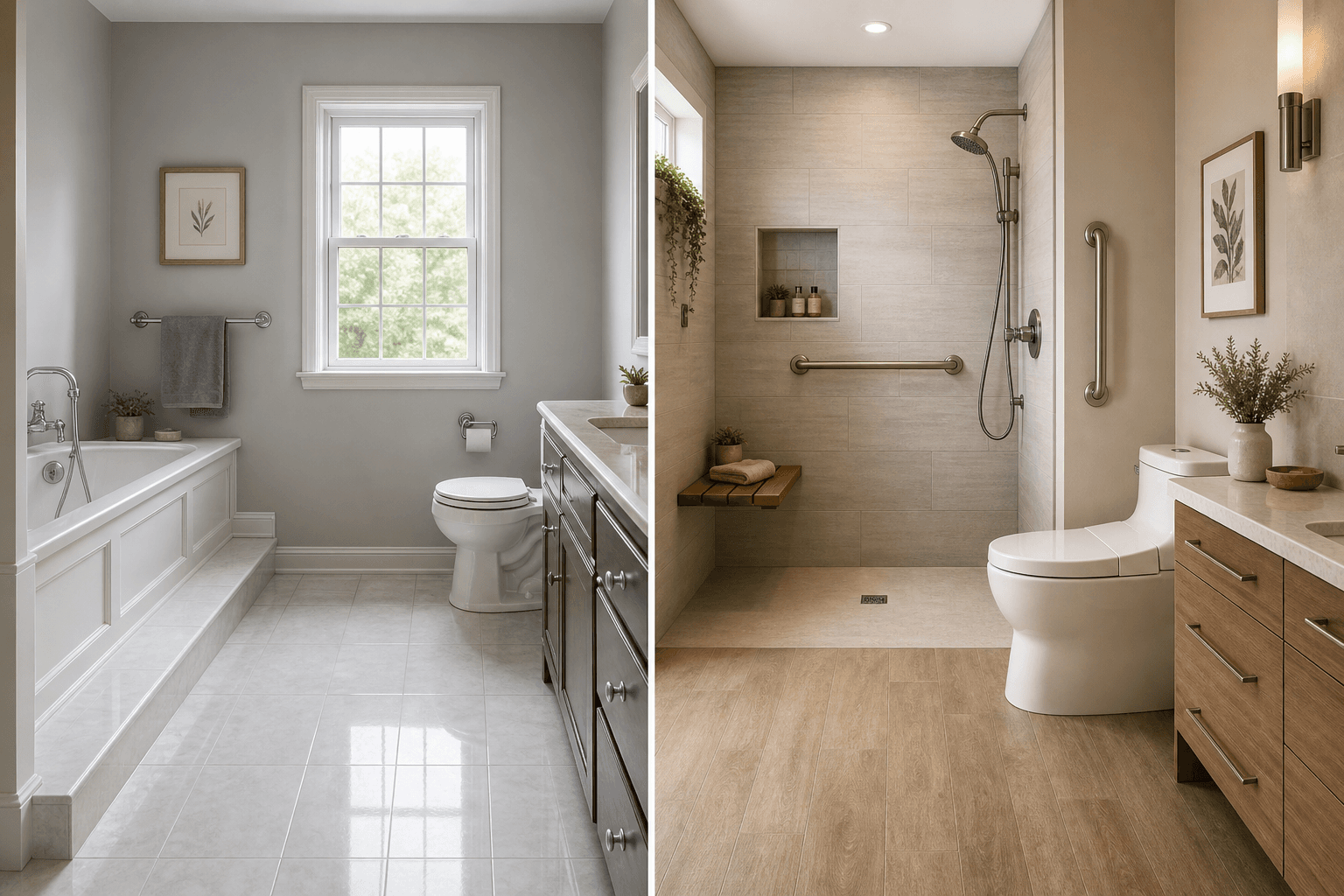 Split composition bathroom comparison: left side shows a traditional bathtub with high step-over edge, standard toilet, and shiny tile floor; right side shows a curbless walk-in shower with built-in teak bench and handheld showerhead, brushed-nickel grab bars, comfort-height toilet, and slip-resistant warm-toned flooring in a spa-like neutral palette with natural light.
