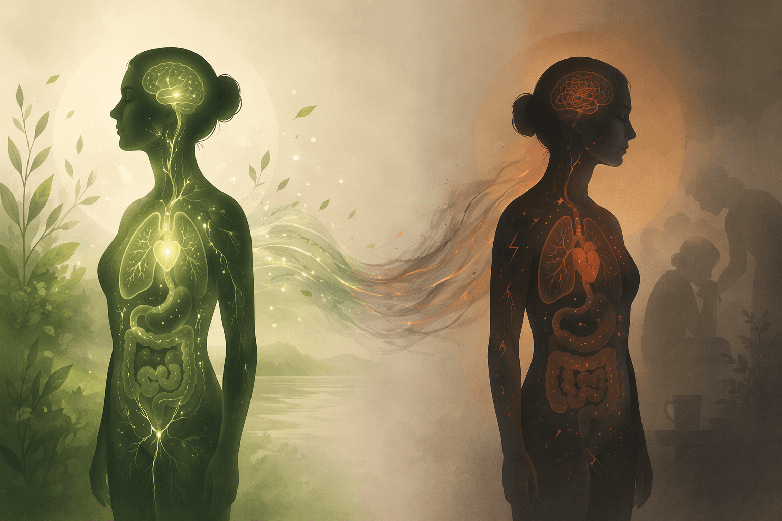 Two human body silhouettes side by side: one with glowing green health indicators, the other with faded orange‑red indicators, connected by a subtle transition.