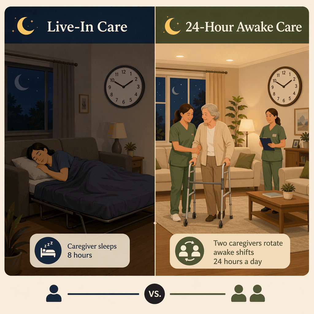 A split-comparison illustration showing live-in care on the left with one caregiver asleep on a sofa bed, and 24-hour awake care on the right with two caregivers actively assisting a senior at night.