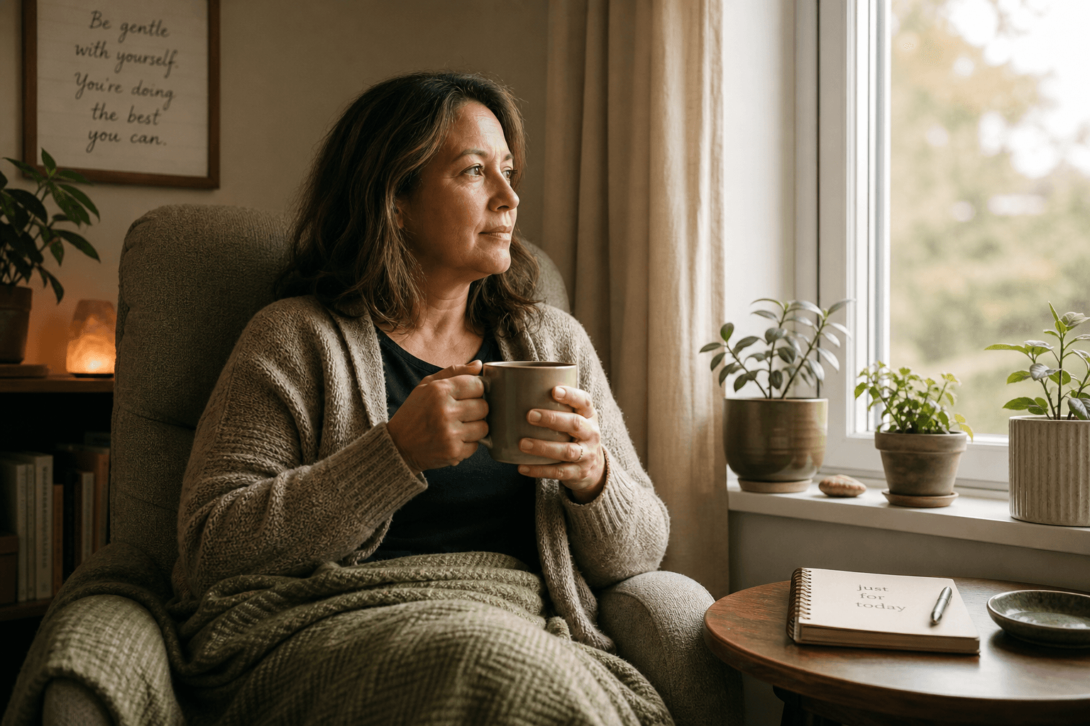 A middle-aged woman sitting alone in a cozy home corner, holding a mug of tea and looking out a window with a reflective expression.