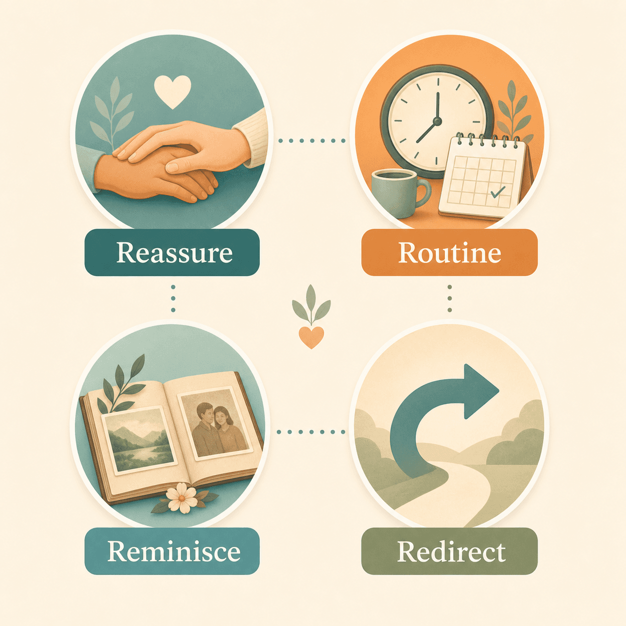 An editorial framework illustration with four hexagonal icons in soft teal and warm orange tones, representing the Four R's of dementia care: Reassure, Routine, Reminisce, and Redirect.