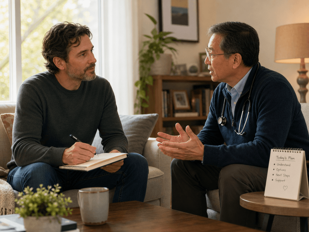 A warm illustration of an adult child caregiver sitting across from a doctor in a home setting, holding a notebook and listening thoughtfully.