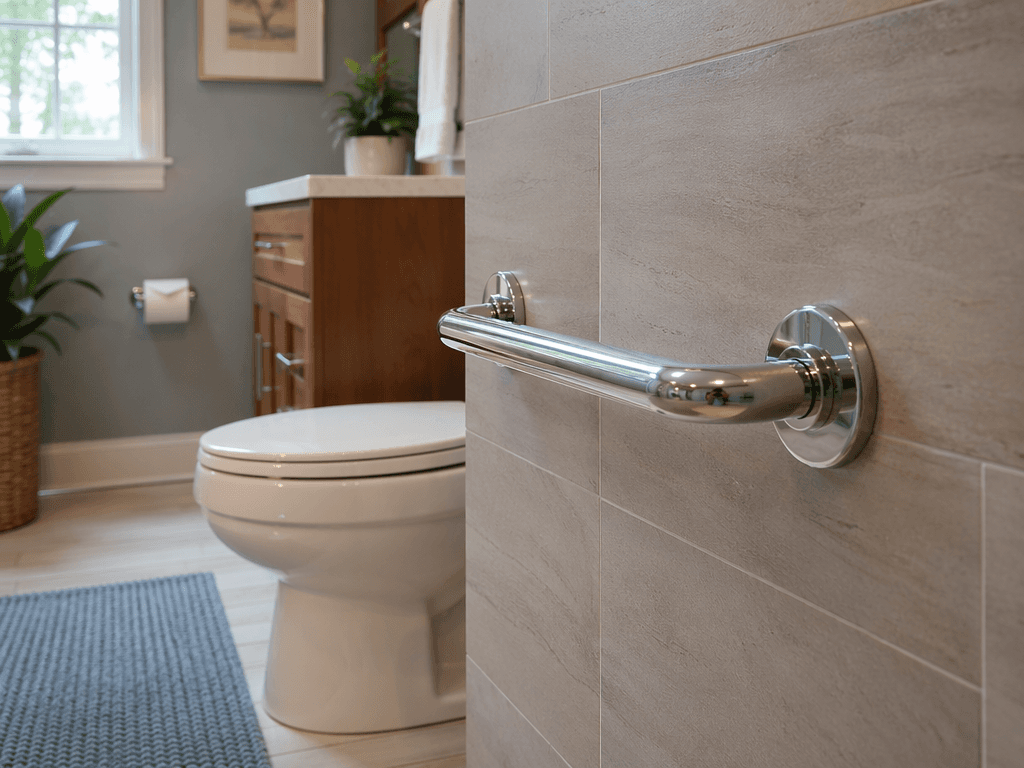 Close-up of a polished chrome grab bar mounted on warm gray tile next to a toilet. A lever-style faucet handle is visible on the nearby sink. Warm wood cabinetry and natural daylight.