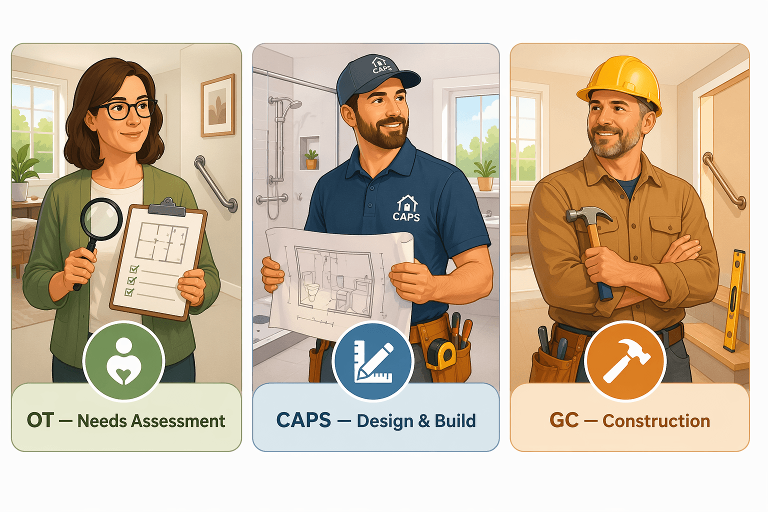 Side-by-side illustration of three aging-in-place professionals: an occupational therapist with clipboard and magnifying glass labeled 'OT — Needs Assessment', a CAPS specialist with tool belt and blueprint labeled 'CAPS — Design & Build', and a general contractor with hard hat and hammer labeled 'GC — Construction'.