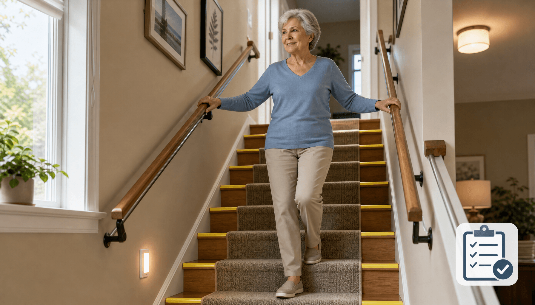 A warm, well-lit residential staircase with dual handrails extending beyond the top and bottom steps, non-slip treads on each wooden step, bright contrasting edge tape marking step edges, and a small motion-sensor nightlight near the stairwell base. An older adult with gray hair in casual home clothing stands on the stairs with both hands on the railings, looking calm and confident. A subtle clipboard icon with a checklist overlay appears in the lower right corner.
