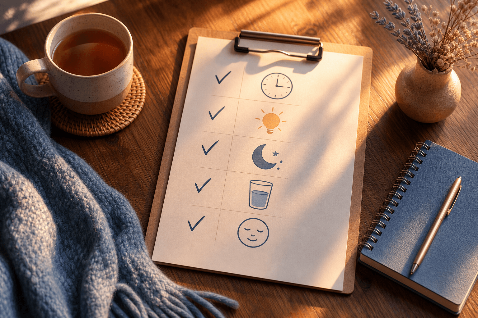 A flat-lay scene on a wooden table with a checklist showing handwritten checkmarks next to icons for schedule, light/sun, sleep/moon, hydration, and calm face. A cup of tea, soft blanket, and small notepad complete the scene.
