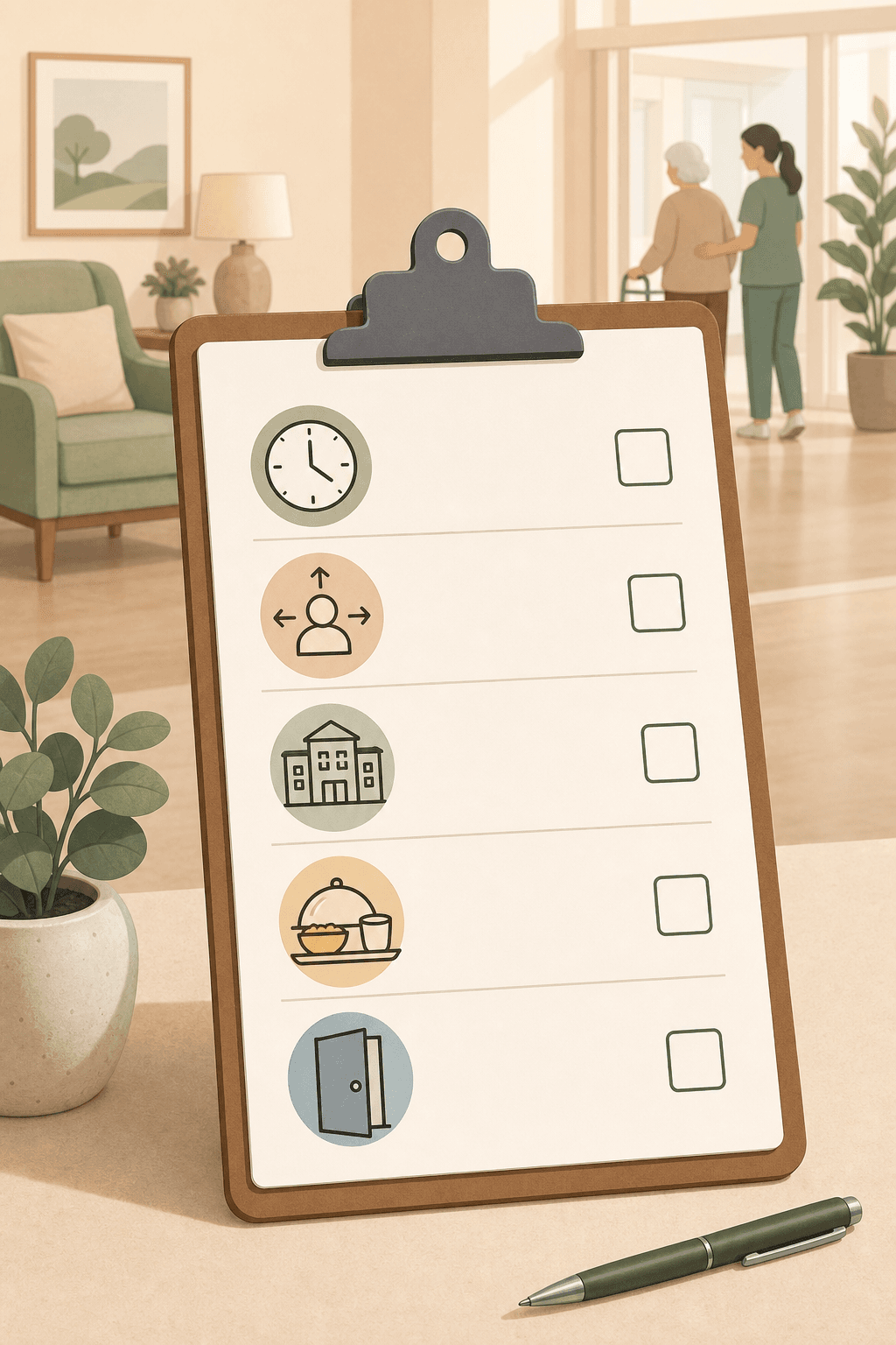 Editorial illustration of a clipboard with checkboxes and simple line icons representing a structured facility evaluation checklist.