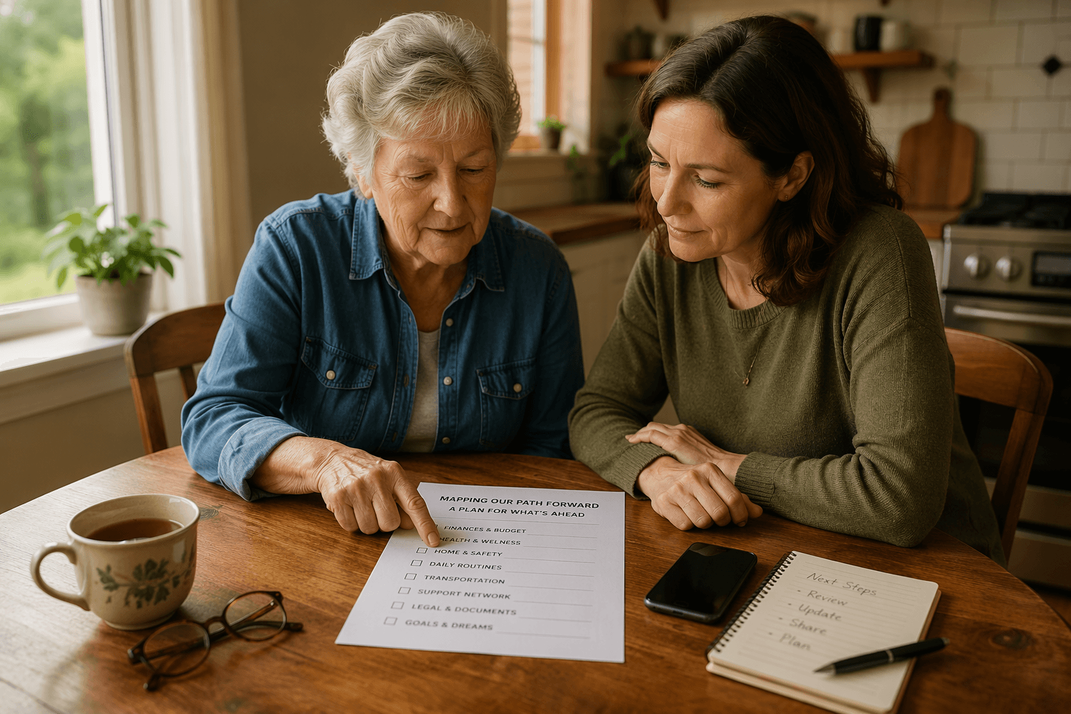 An older adult and a middle‑aged caregiver sitting at a kitchen table, reviewing a paper checklist together, with a cup of tea and phone nearby.