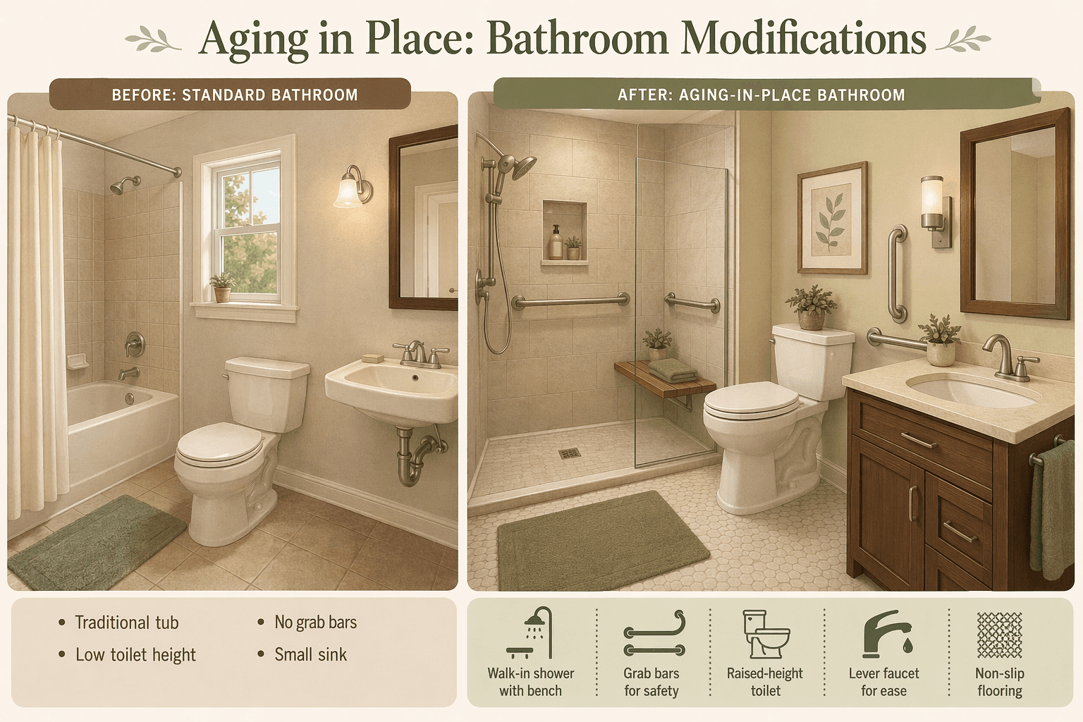 Side-by-side illustration comparing a standard bathroom with a tub and low toilet to a modified bathroom with a walk-in shower, grab bars, raised toilet, and lever faucet.
