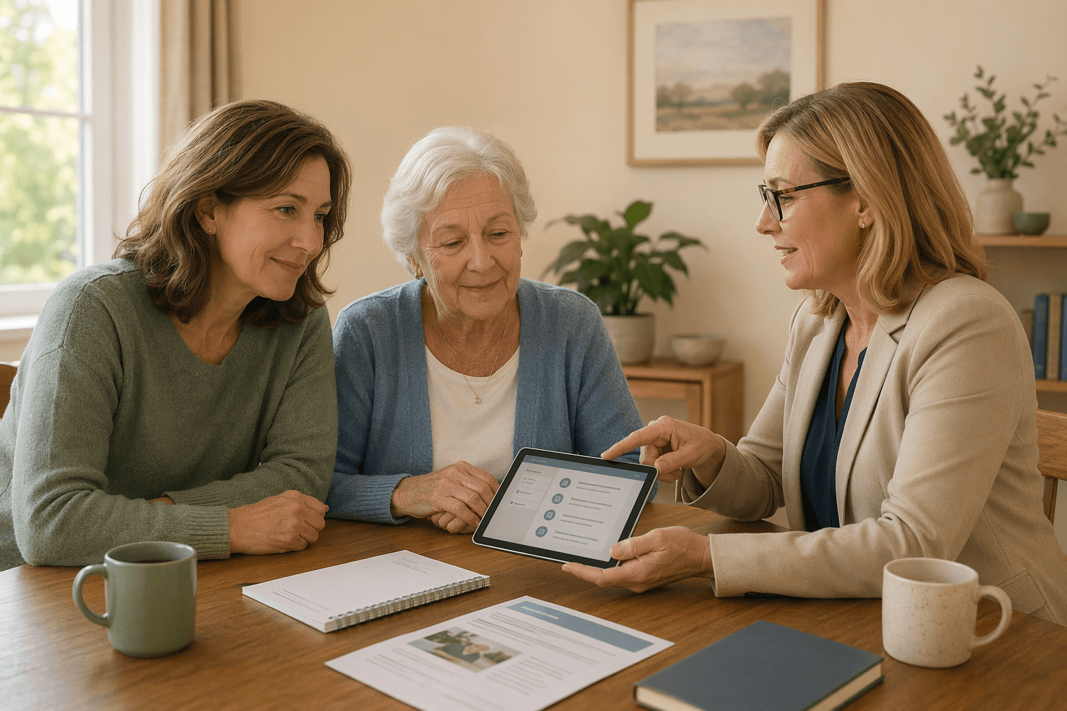 An adult child and their older parent sit across from a senior care advisor at a warm wooden table in a home-like room with soft natural light and muted sage green and beige tones; the advisor gestures at a tablet showing options, conveying collaborative guidance.