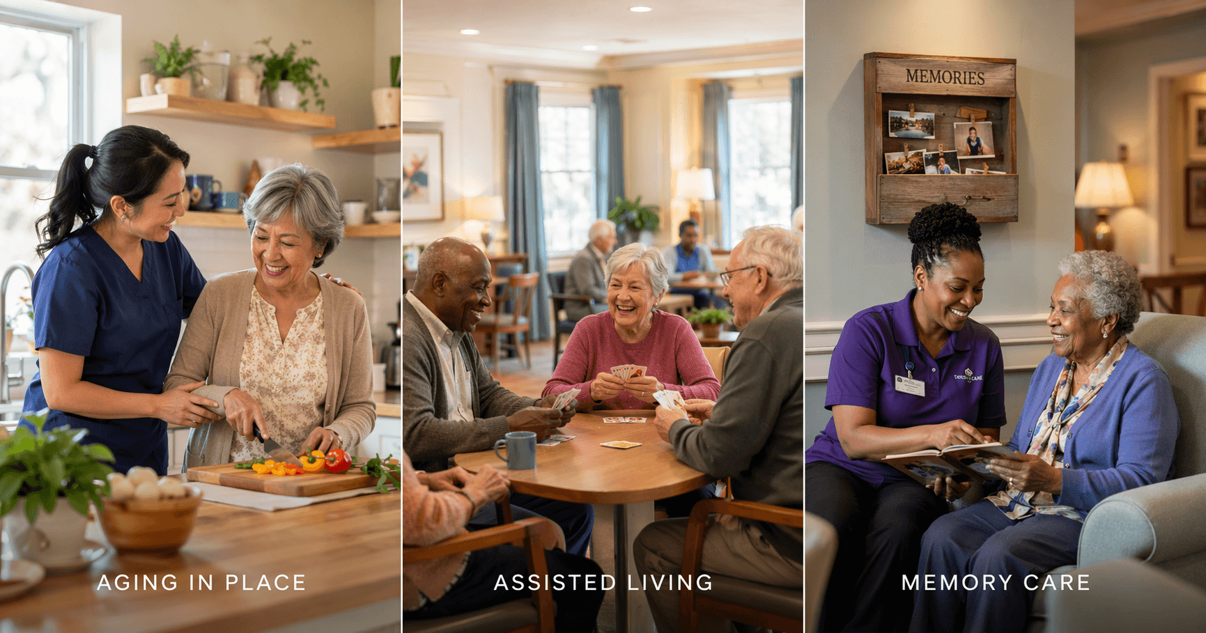 A warm editorial triptych showing three care settings side by side: left panel features a home health aide assisting a smiling elderly woman in a bright kitchen; center panel shows seniors playing cards in a light-filled assisted living common room; right panel depicts a caregiver gently engaging a resident in a calm memory care environment with soft lighting and a memory box on the wall.