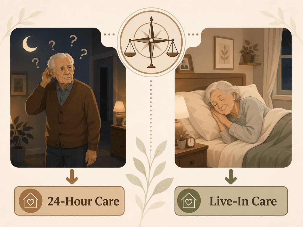 Decision matrix illustration comparing two senior profiles: left column shows a senior with a moon icon and question marks representing nighttime wandering or dementia needs, with an arrow pointing to a 24-Hour Care label; right column shows a senior sleeping peacefully in a calm bedroom with an arrow pointing to a Live-In Care label; a compass icon sits at the top center suggesting careful matching of care to needs.