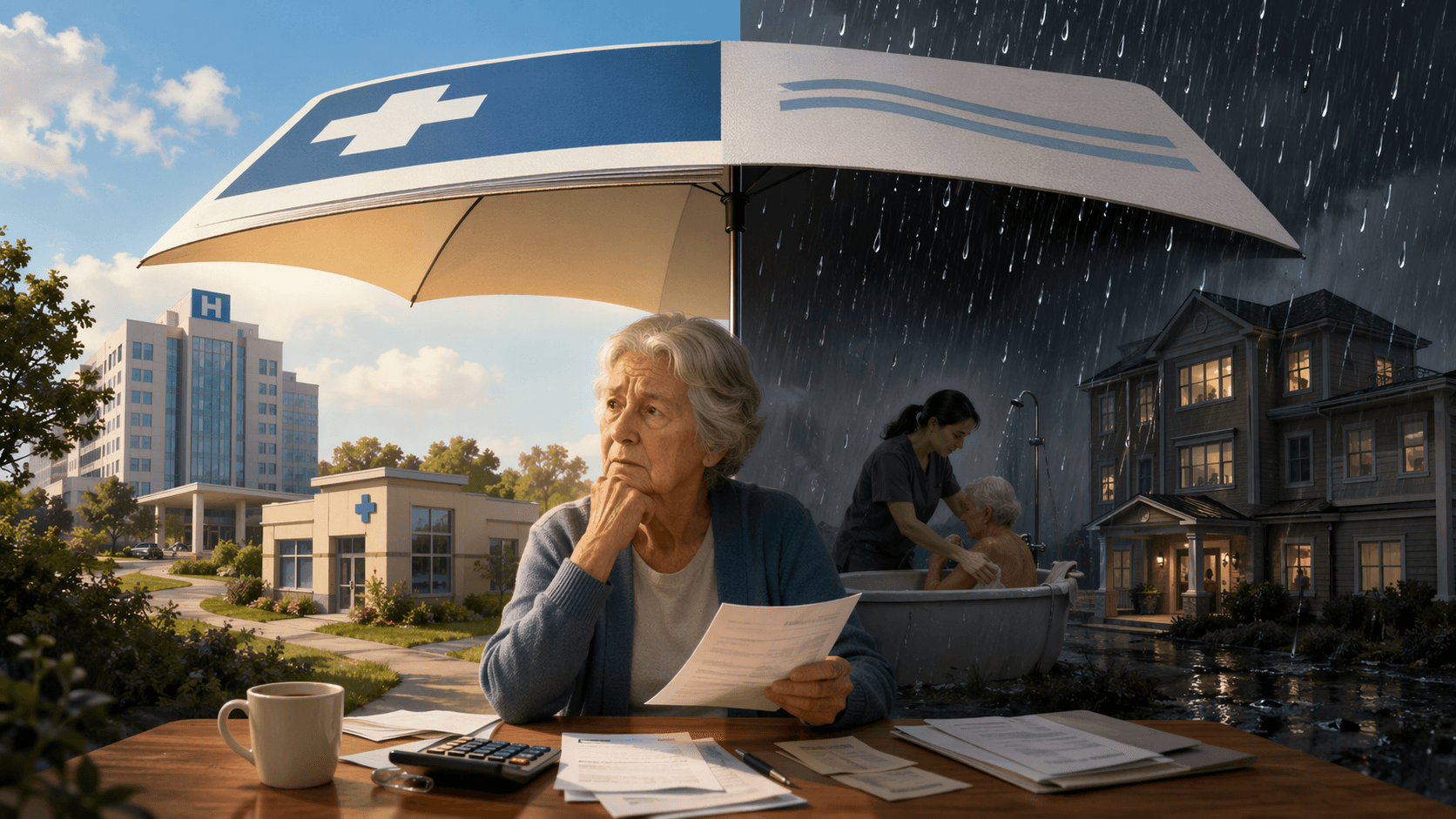 Older adult reviewing insurance paperwork under a partial coverage umbrella showing medical services covered while assisted living and home caregiver needs remain exposed