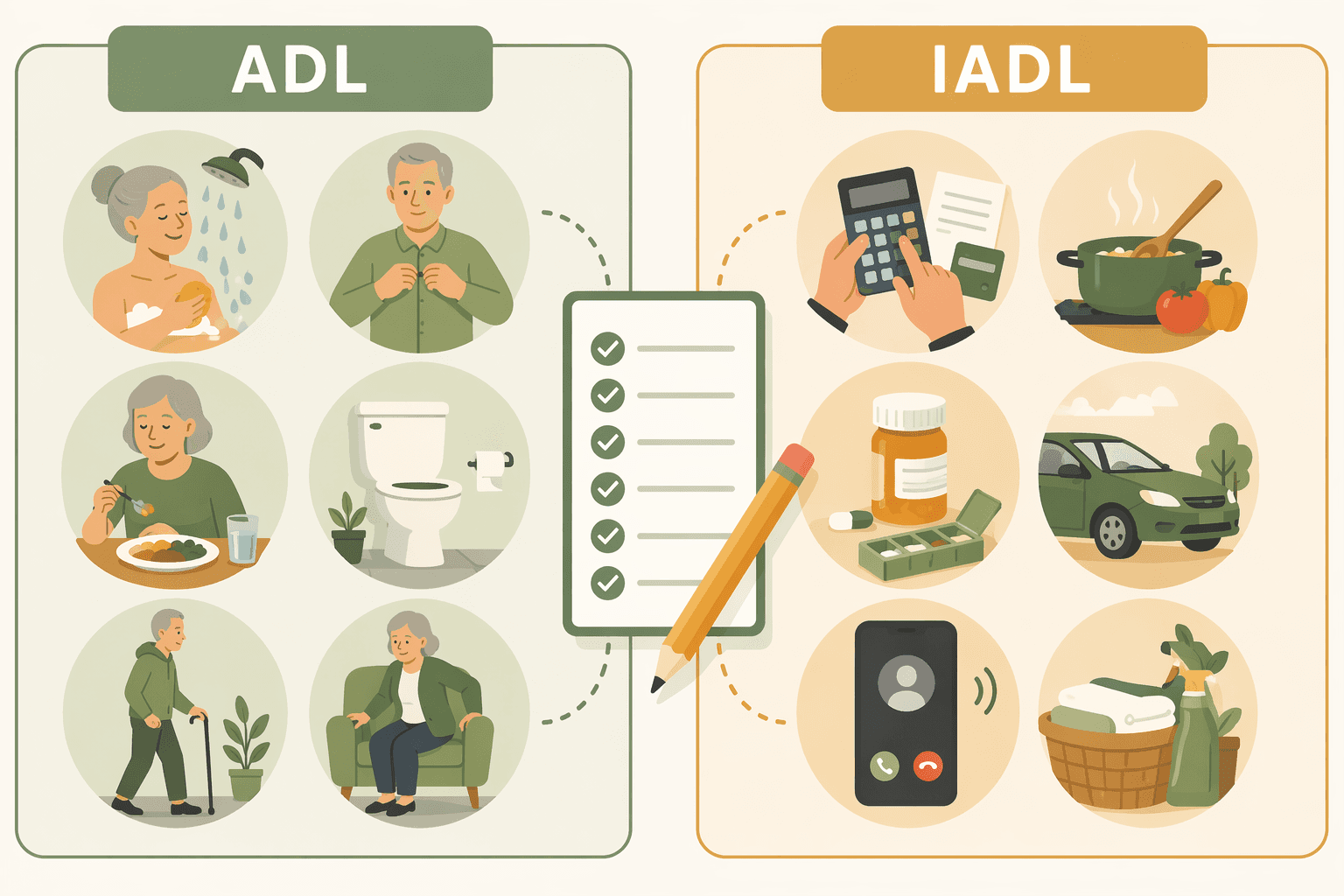 Split-screen illustration showing ADL icons on the left and IADL icons on the right.