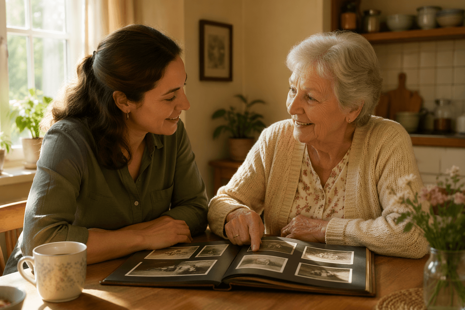 A companion caregiver and an older adult sitting at a sunlit kitchen table looking at a photo album together, both engaged and smiling.