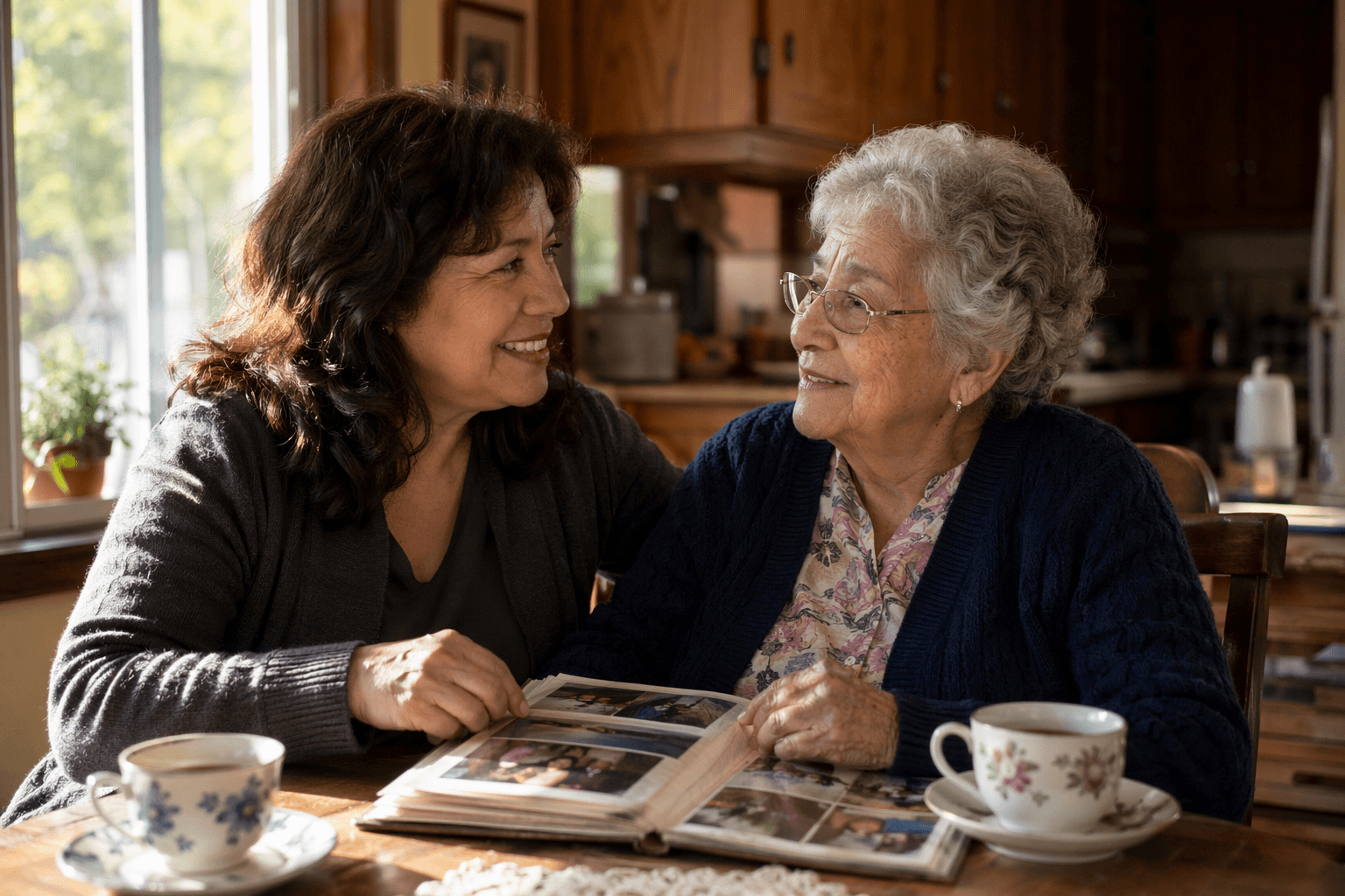 A middle-aged woman in her early 50s sits beside her elderly mother at a sunlit kitchen table with a ceramic cup of tea and an open photo album between them. Both are smiling gently. Natural window light illuminates the scene with warm tones.