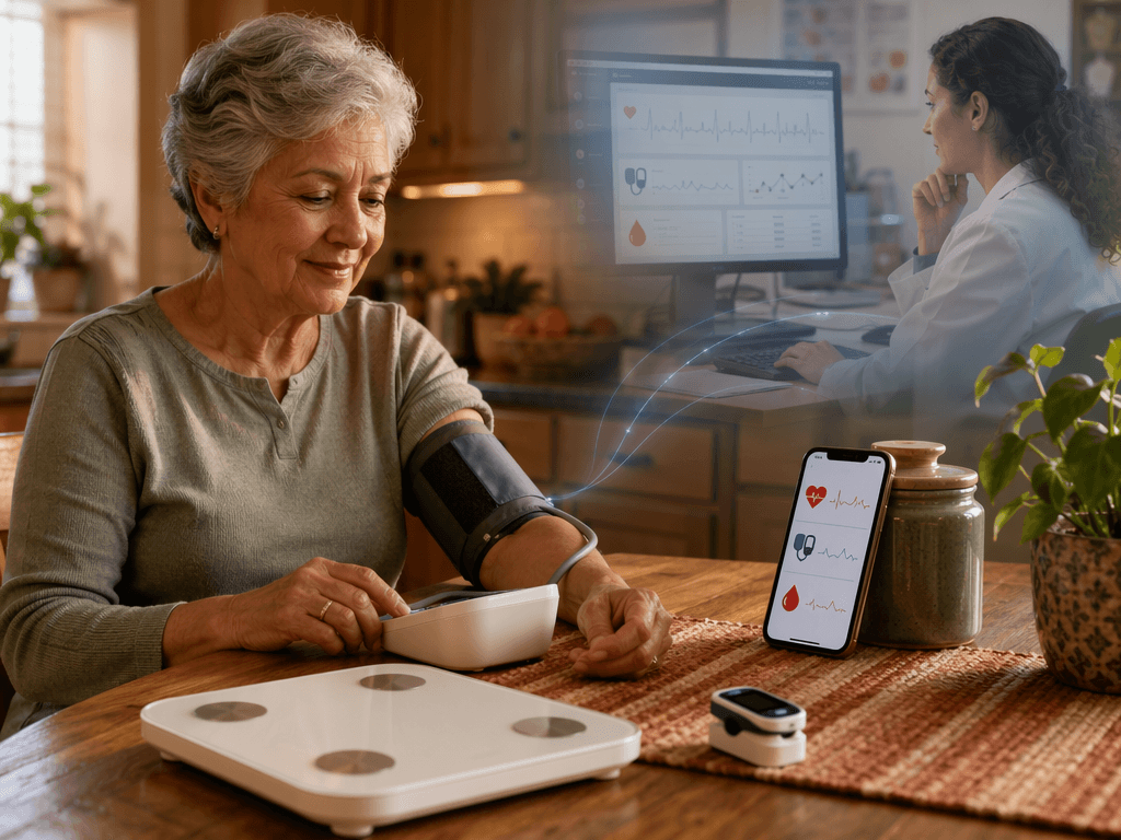 A senior woman at a kitchen table using a blood pressure monitor on her arm, with a weight scale and pulse oximeter nearby; her smartphone shows a health dashboard, and a soft transparent overlay in the background suggests a clinician viewing the data remotely.