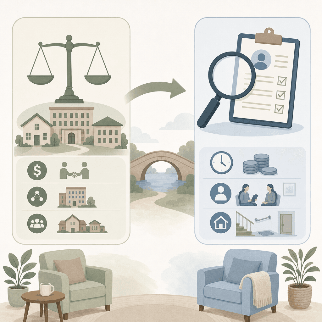 A side-by-side comparison illustration showing a scale icon with small building icons on the left representing free placement agency services, and a magnifying glass with clipboard on the right representing geriatric care manager services, with a gentle connecting arrow between them.