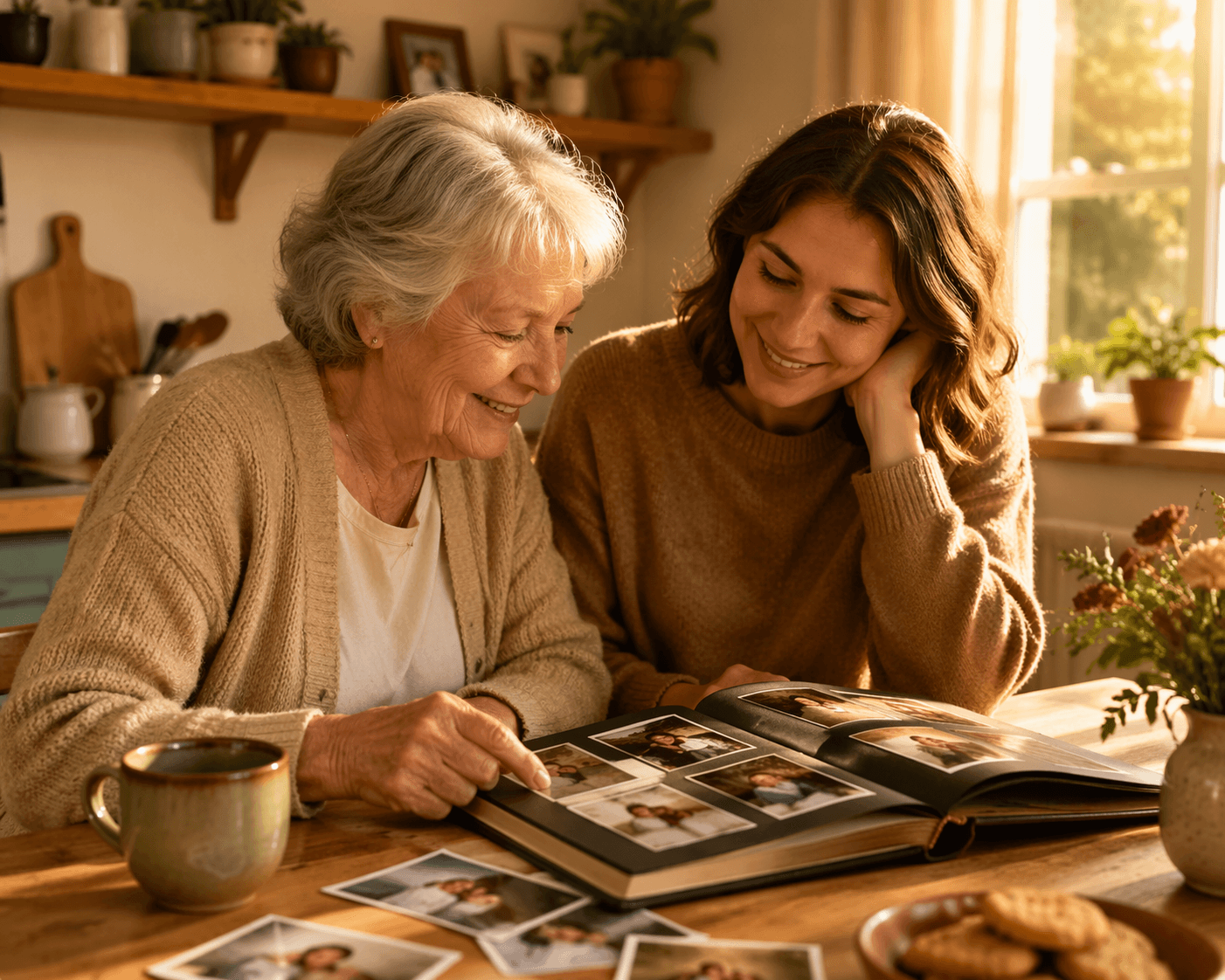 An older adult and a younger companion seated at a sunlit kitchen table, looking through a photo album together.