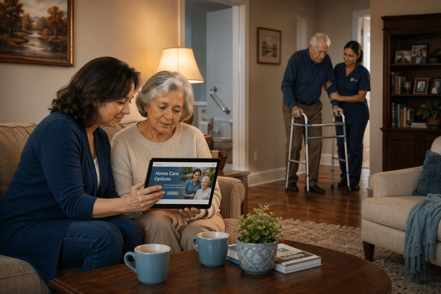 An adult daughter sitting beside her elderly mother on a living room sofa, reviewing a tablet with home care information. In the background a caregiver helps an older man with a walker. A grab bar is visible in the adjacent bathroom doorway.