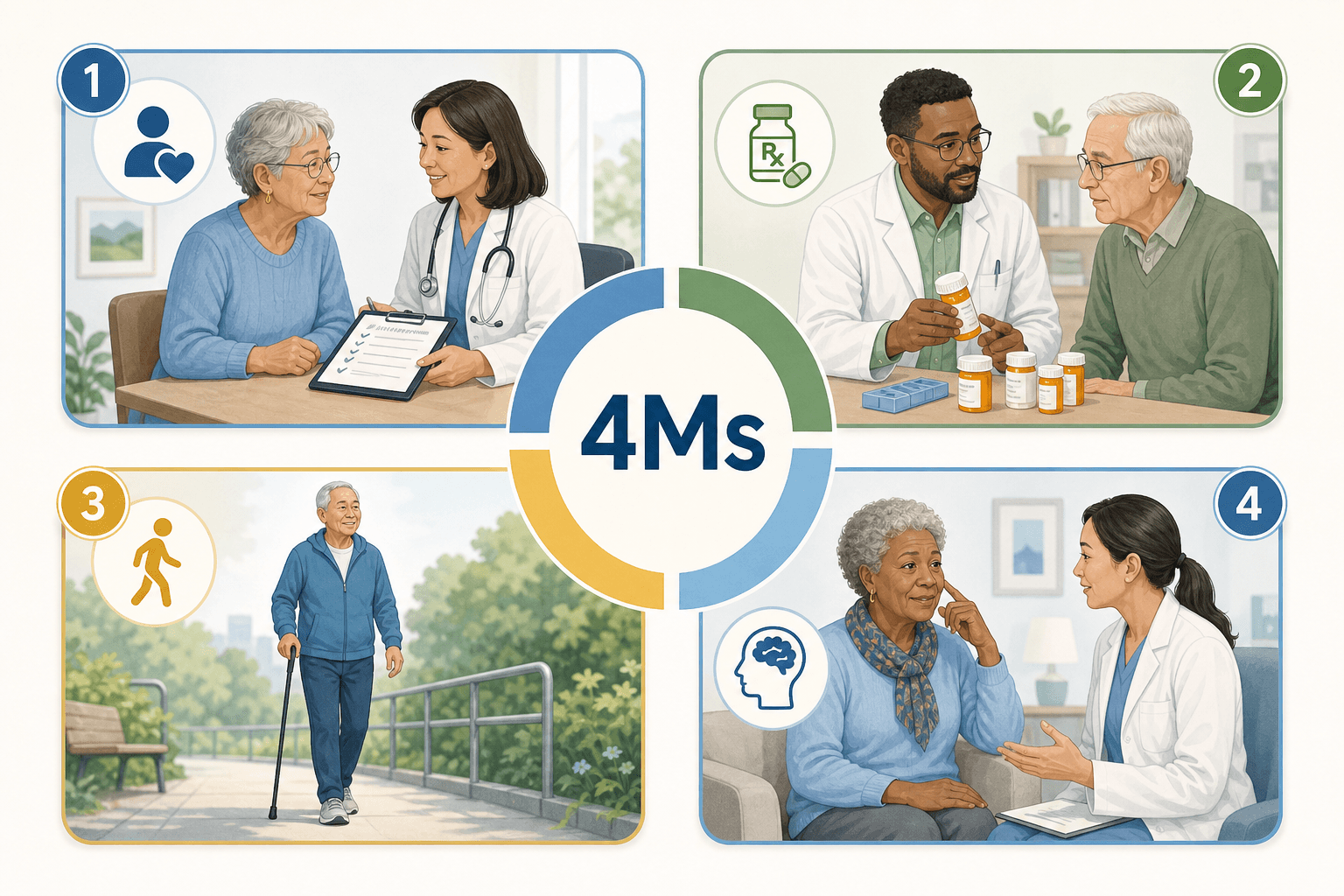 An editorial infographic showing the 4Ms Framework for age-friendly care arranged in a circular layout. Four icon-based panels illustrate: What Matters, Medication, Mobility, and Mentation.