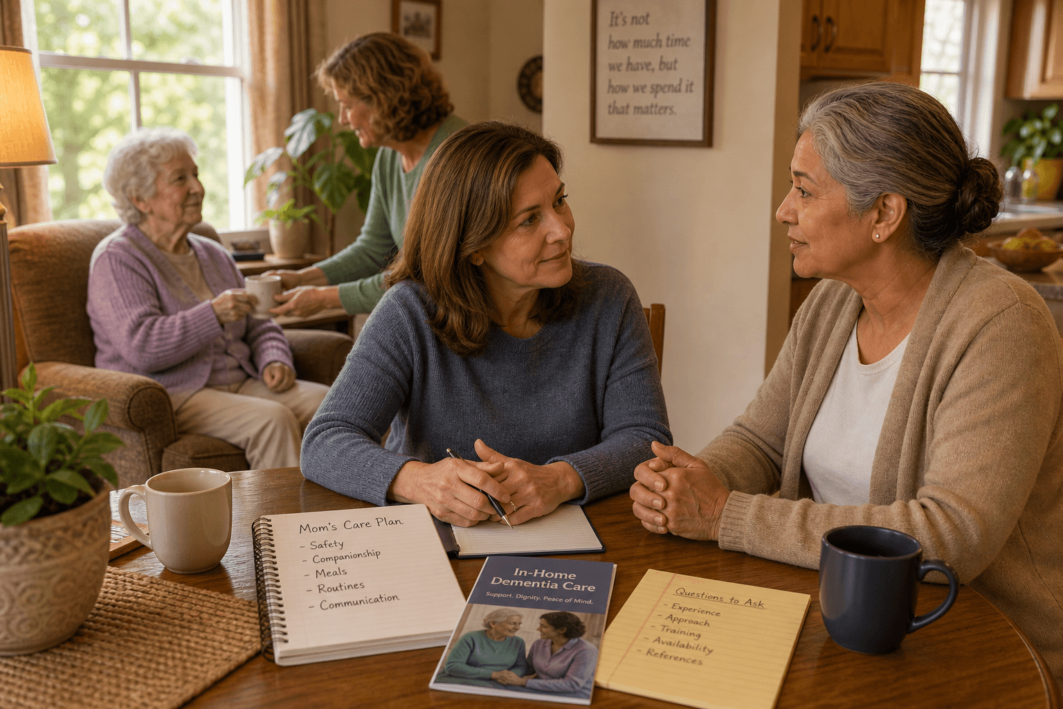 A middle-aged adult daughter sits at a kitchen table across from an older female caregiver, engaged in a trusting conversation. In the background, an elderly person with mild confusion sits comfortably in an armchair by a sunlit window, being offered a cup of tea by another family member.