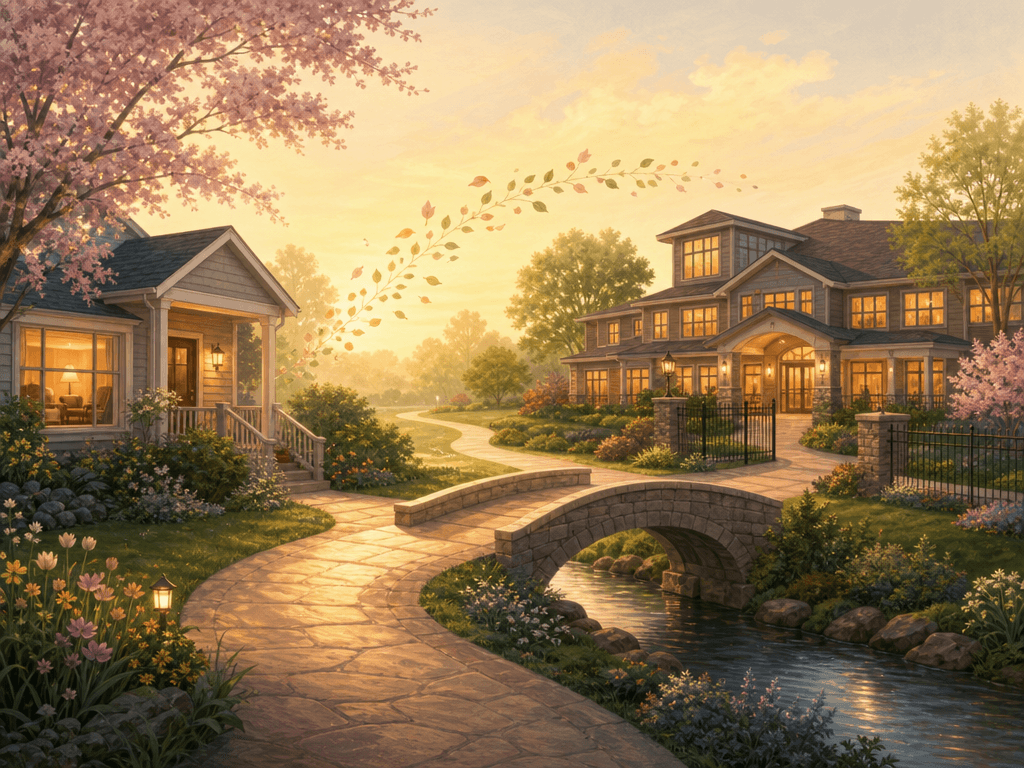 Editorial illustration showing a staged care transition — a cozy home exterior with warm lit windows on the left, a winding path through the center, and a welcoming memory care building on the right.