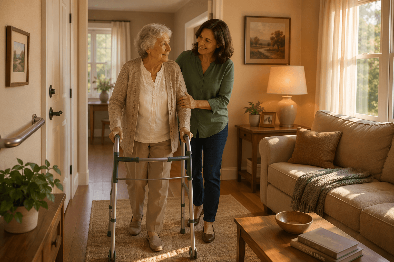 A middle-aged daughter gently helping her elderly mother with a walker navigate a safe, well-lit living room with a grab bar, cleared walkway, non-slip rug, and soft amber lighting.