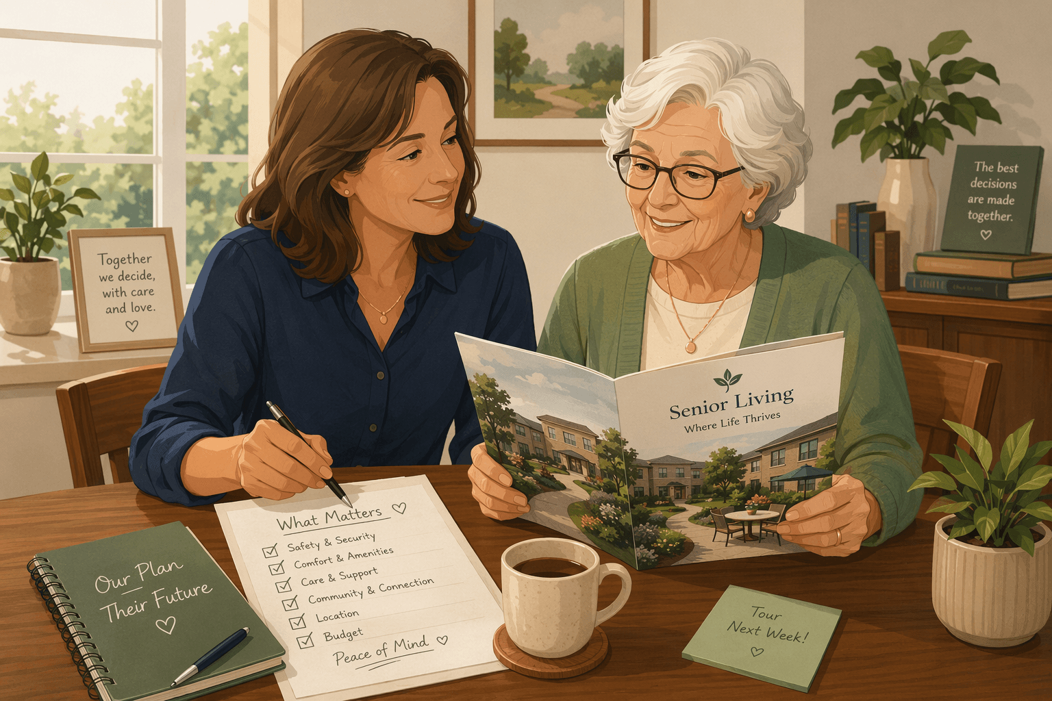 An adult child and older parent seated at a table reviewing a senior living brochure and checklist together.