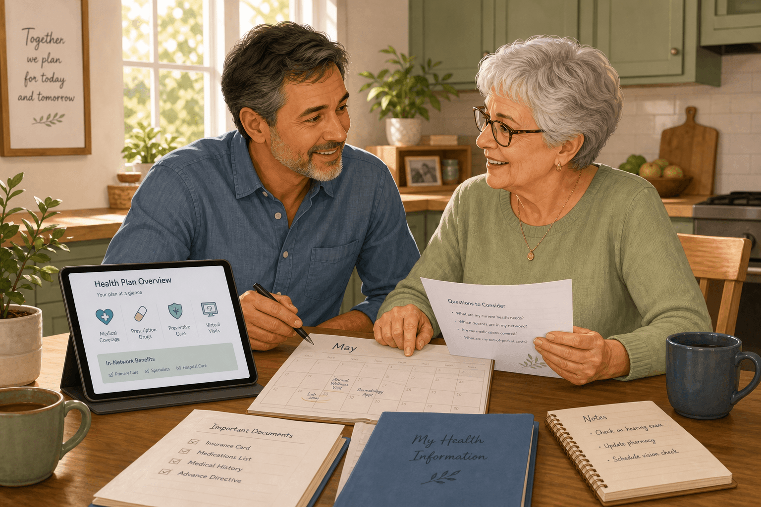 An adult child in their 40s–50s sits with an older parent at a home kitchen table with natural window light, reviewing papers, a tablet showing health plan information, and a calendar. Warm earth tones of sage green, beige, and soft blue. Clean editorial digital illustration style. Collaborative, not clinical.