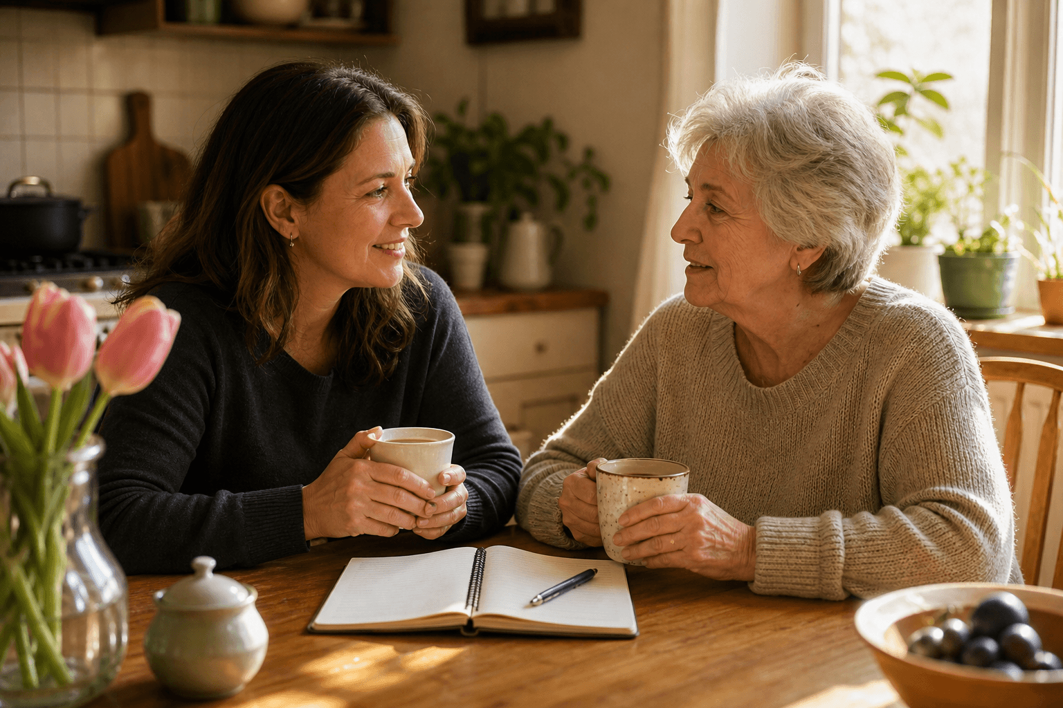 An adult daughter in her 40s and her elderly mother in her late 70s sit at a kitchen table in warm morning light, each holding a mug of tea with an open notebook and pen between them, engaged in a calm, collaborative conversation with empathetic expressions.
