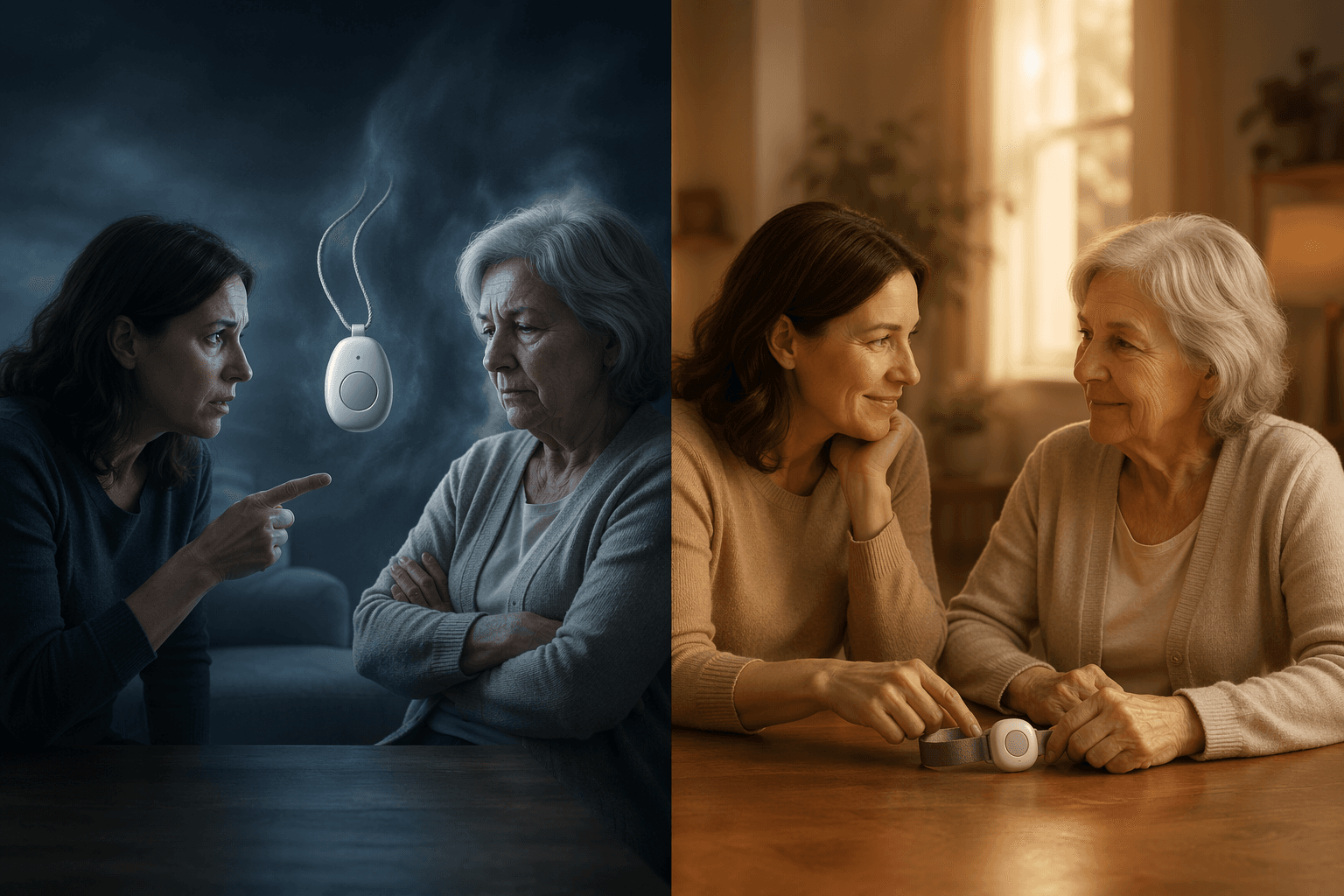 A contrast between a tense safety conversation and a calmer shared decision about a wearable device