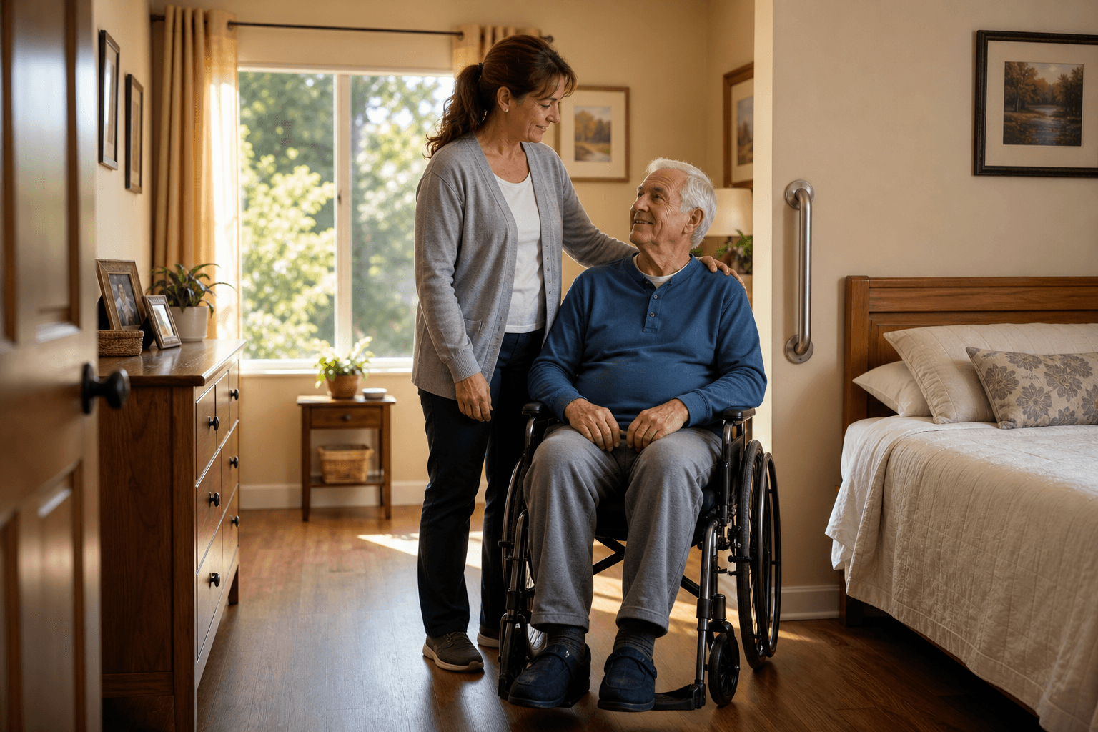 Adult woman caregiver standing attentively beside an elderly man in a manual wheelchair near a bed with a wall-mounted grab bar, in a warm home bedroom with clear floor paths and morning light.